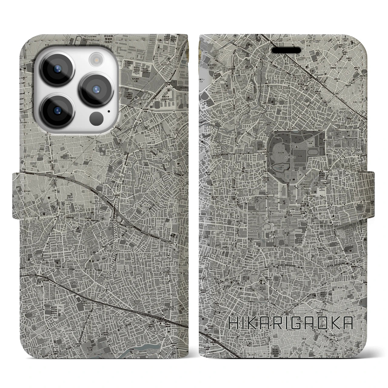 【光が丘(東京都)】地図柄iPhoneケース(手帳タイプ)モノトーン・iPhone 14 Pro 用