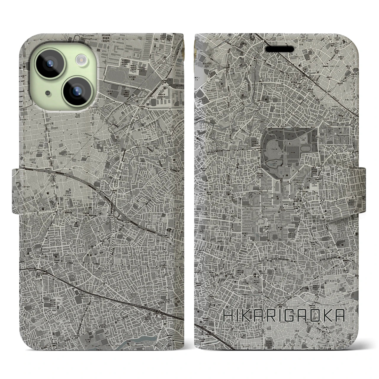 【光が丘(東京都)】地図柄iPhoneケース(手帳タイプ)モノトーン・iPhone 15 用