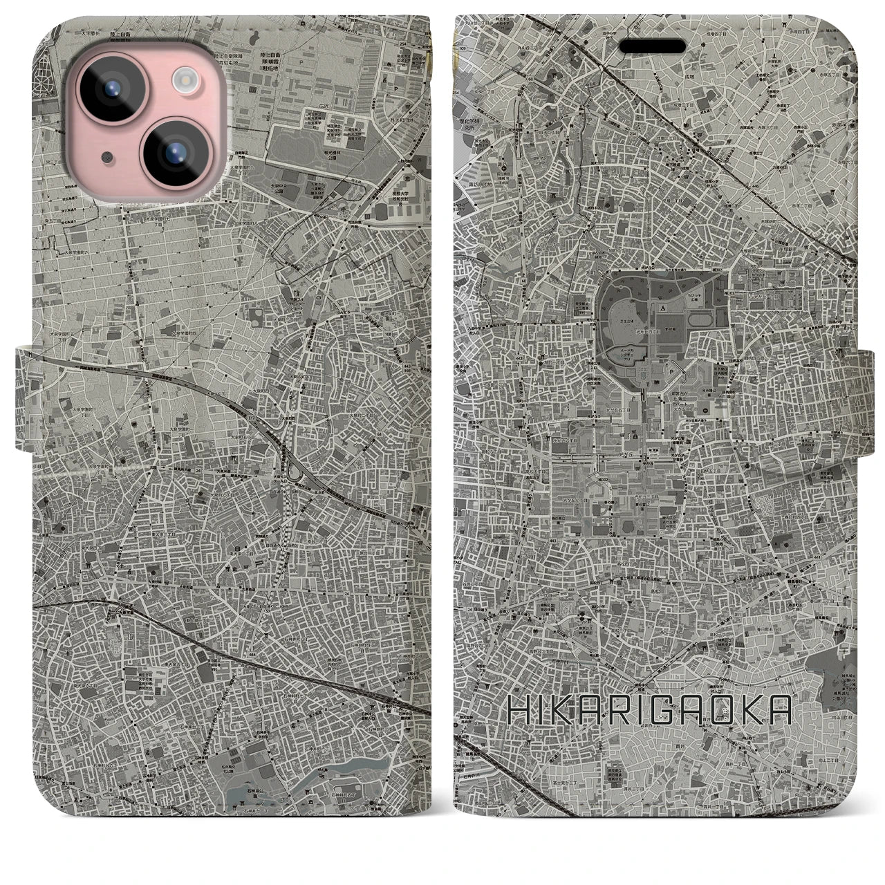 【光が丘(東京都)】地図柄iPhoneケース(手帳タイプ)モノトーン・iPhone 15 Plus 用