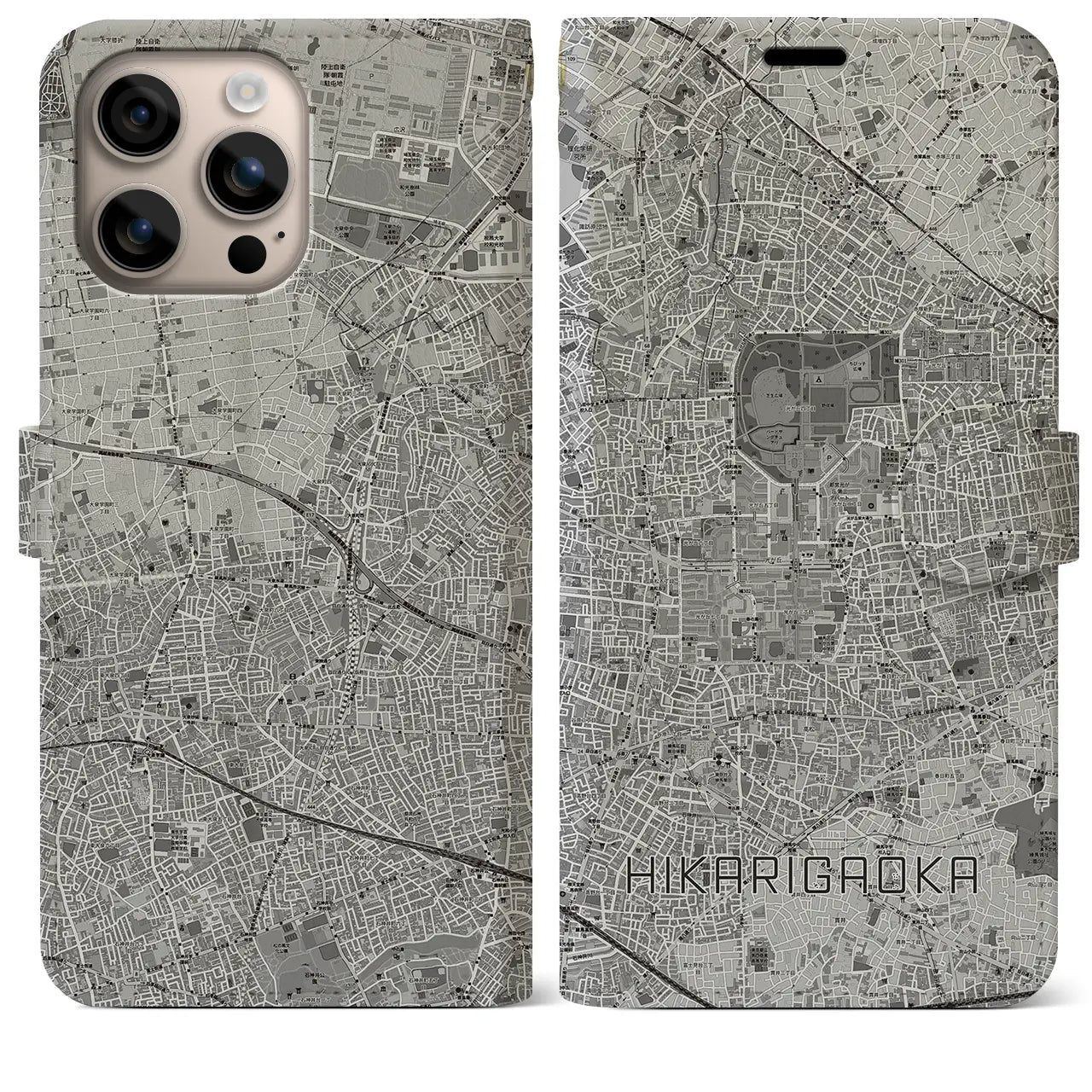 【光が丘(東京都)】地図柄iPhoneケース(手帳タイプ)モノトーン・iPhone 16 Plus 用
