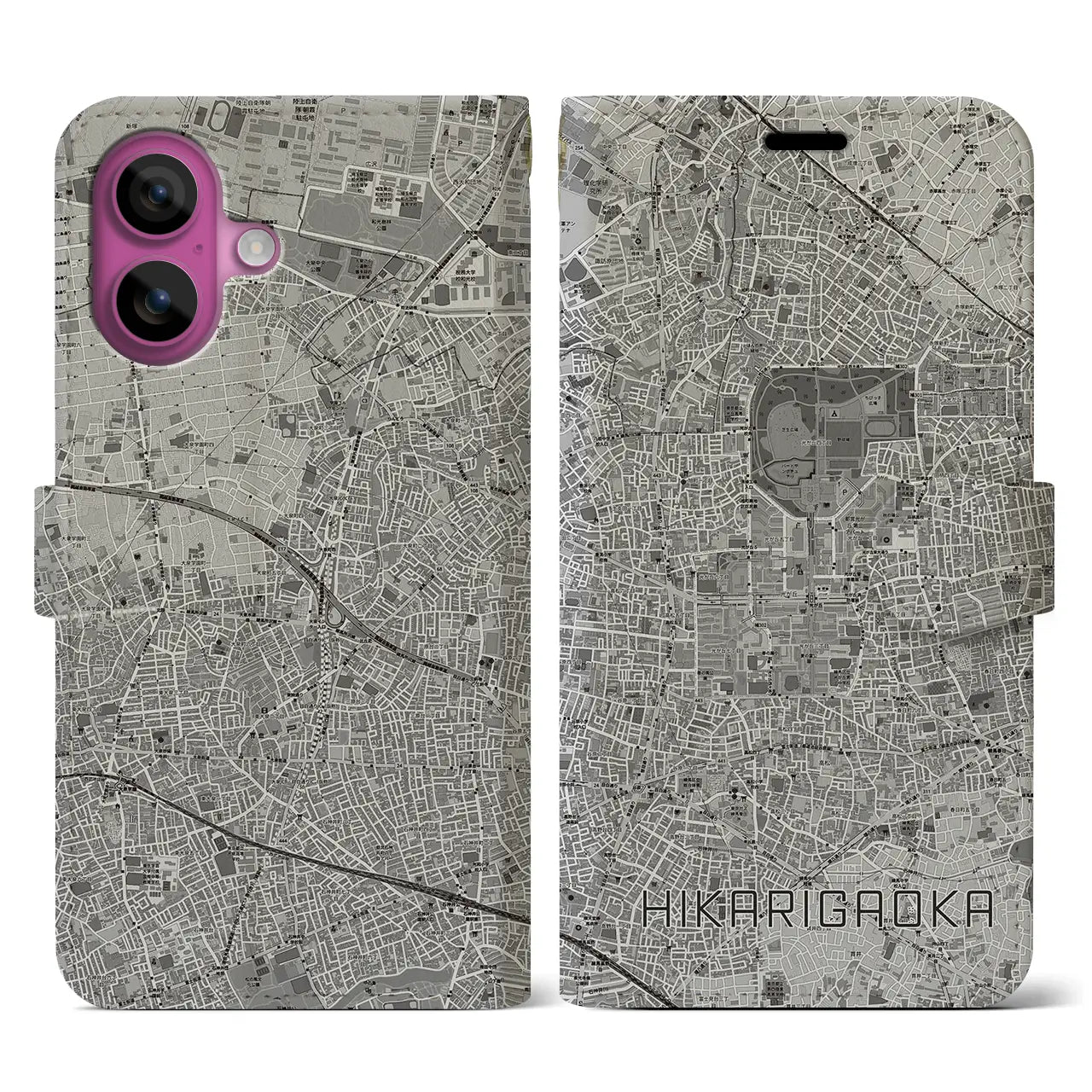 【光が丘(東京都)】地図柄iPhoneケース(手帳タイプ)モノトーン・iPhone 16 Pro 用