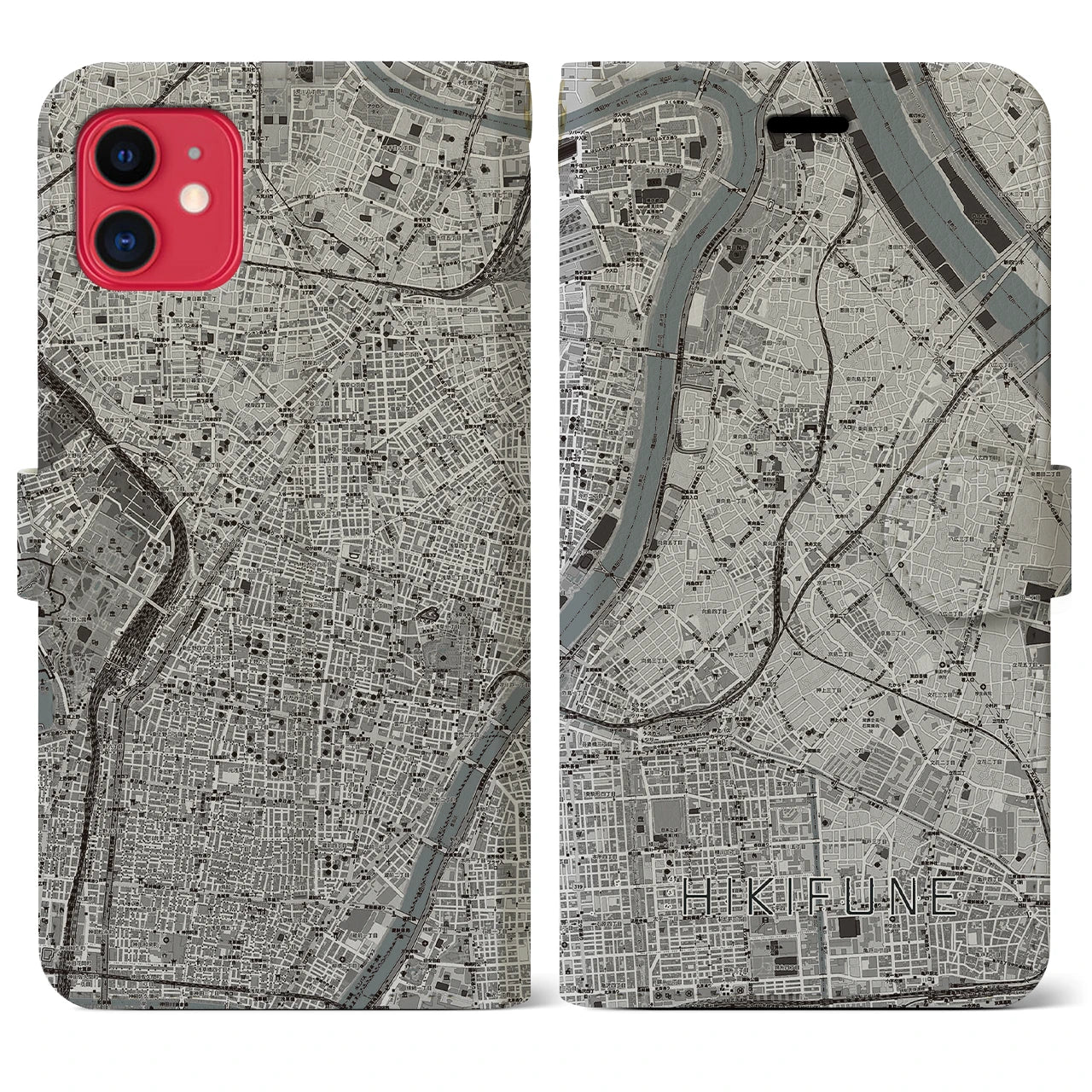 【曳舟(東京都)】地図柄iPhoneケース(手帳タイプ)モノトーン・iPhone 11 用