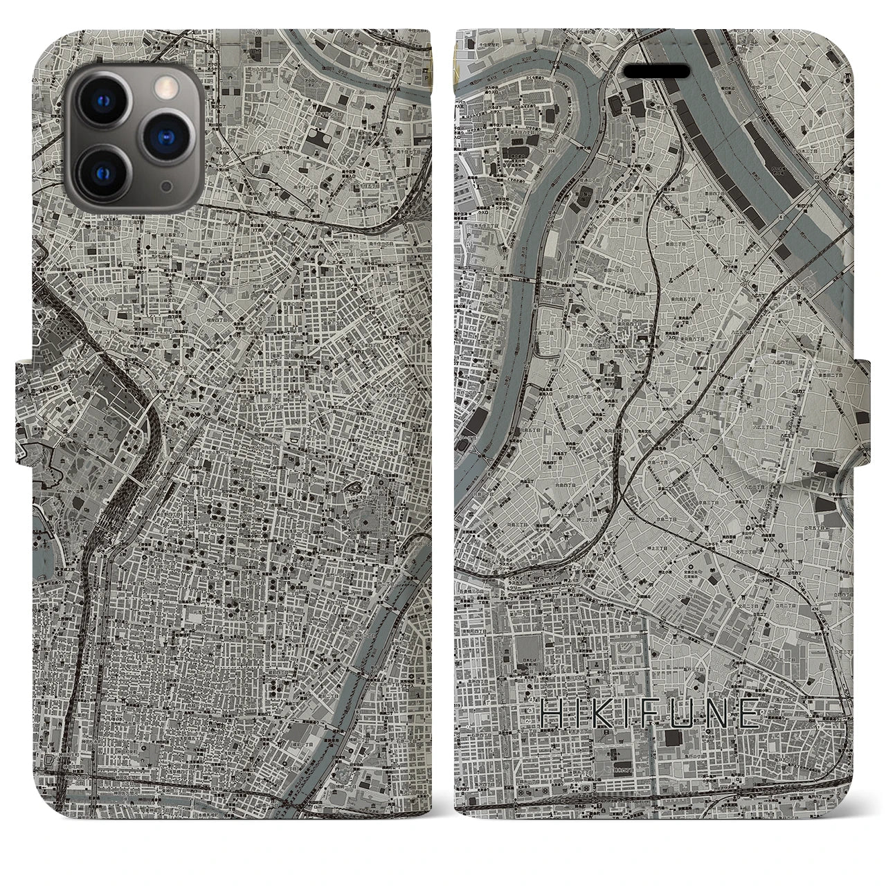 【曳舟(東京都)】地図柄iPhoneケース(手帳タイプ)モノトーン・iPhone 11 Pro Max 用