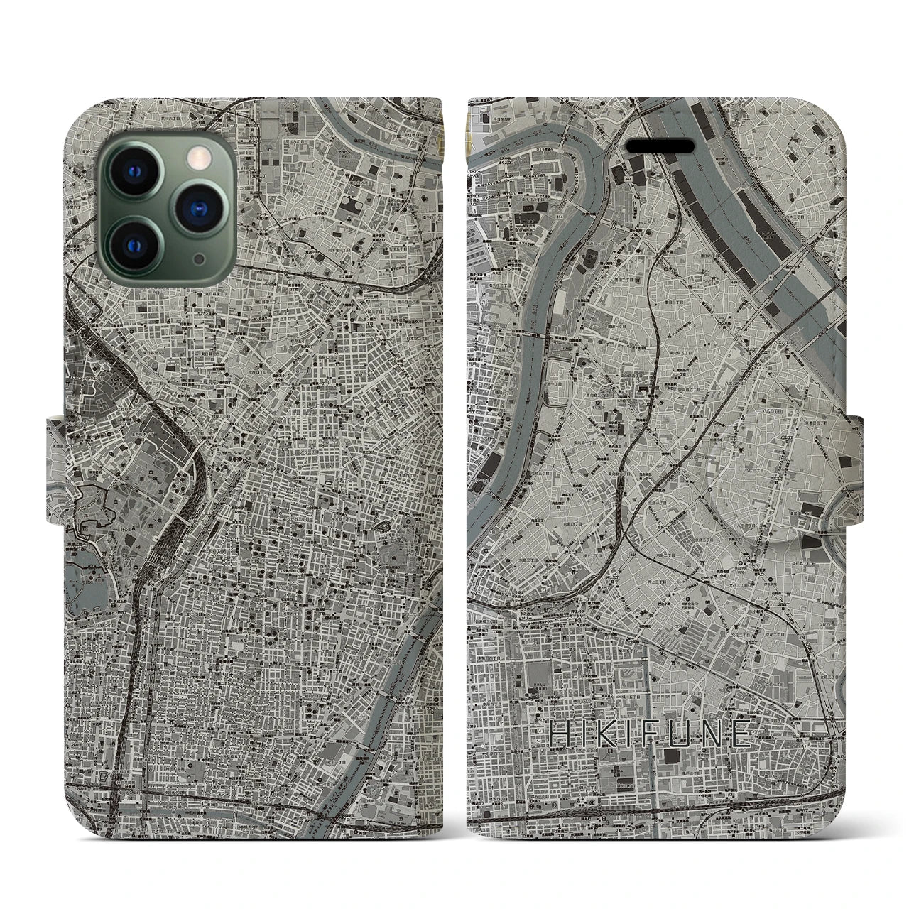 【曳舟(東京都)】地図柄iPhoneケース(手帳タイプ)モノトーン・iPhone 11 Pro 用