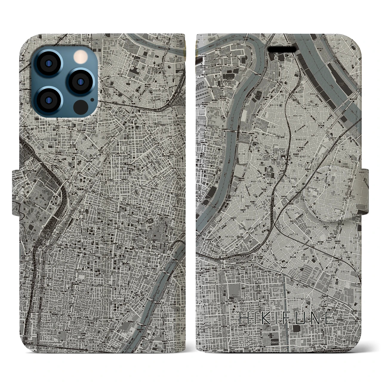 【曳舟(東京都)】地図柄iPhoneケース(手帳タイプ)モノトーン・iPhone 12 / 12 Pro 用