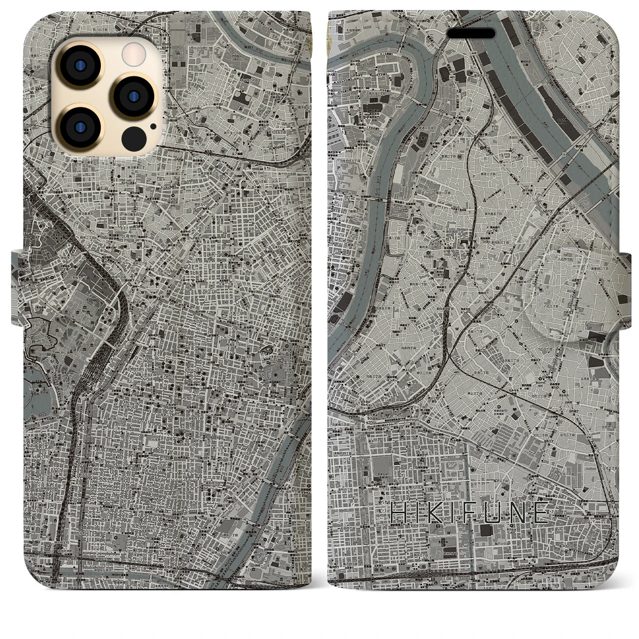 【曳舟(東京都)】地図柄iPhoneケース(手帳タイプ)モノトーン・iPhone 12 Pro Max 用