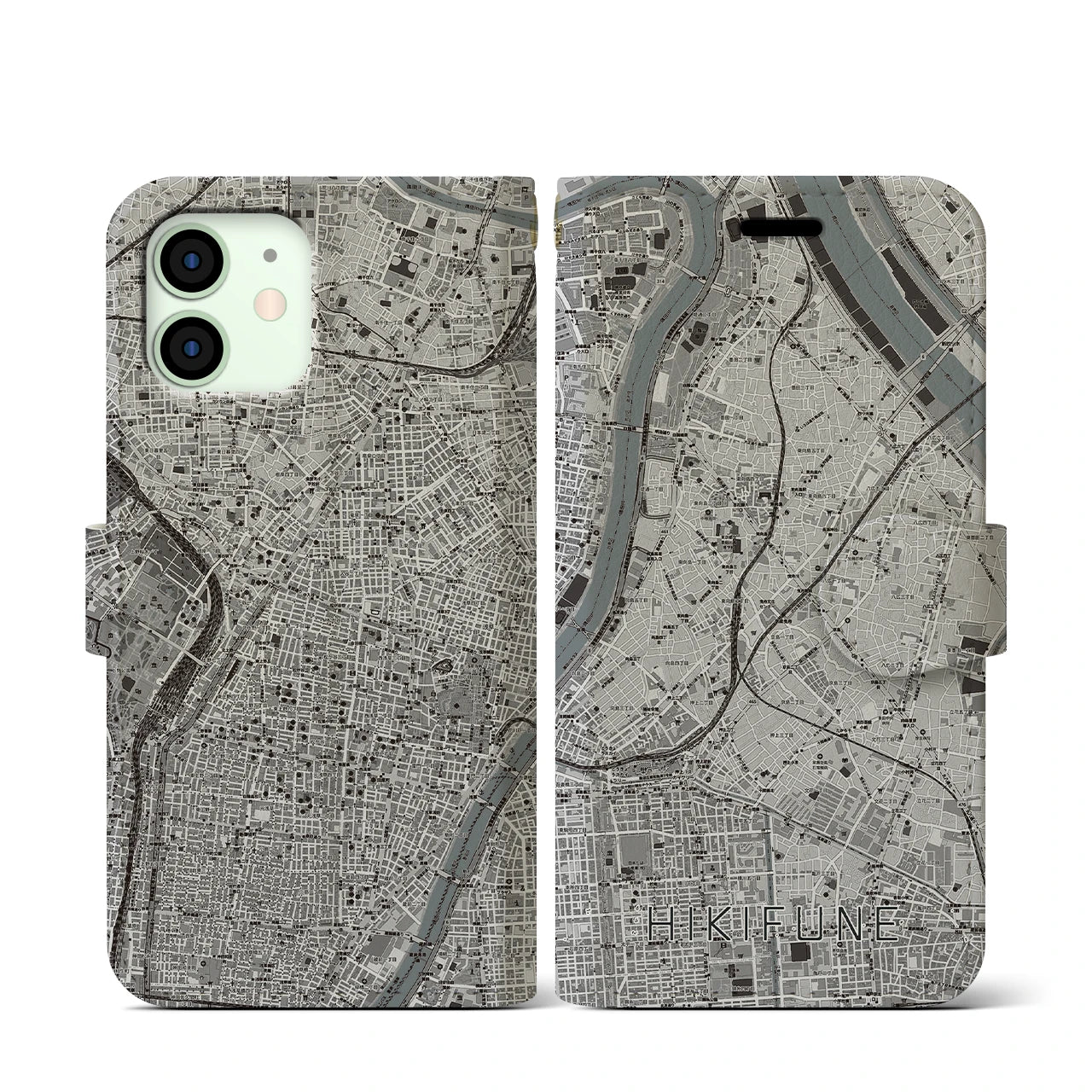 【曳舟(東京都)】地図柄iPhoneケース(手帳タイプ)モノトーン・iPhone 12 mini 用