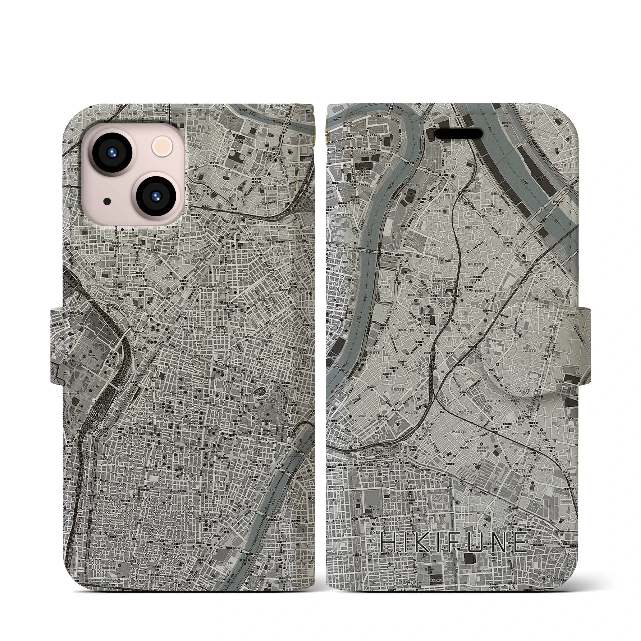 【曳舟(東京都)】地図柄iPhoneケース(手帳タイプ)モノトーン・iPhone 13 mini 用