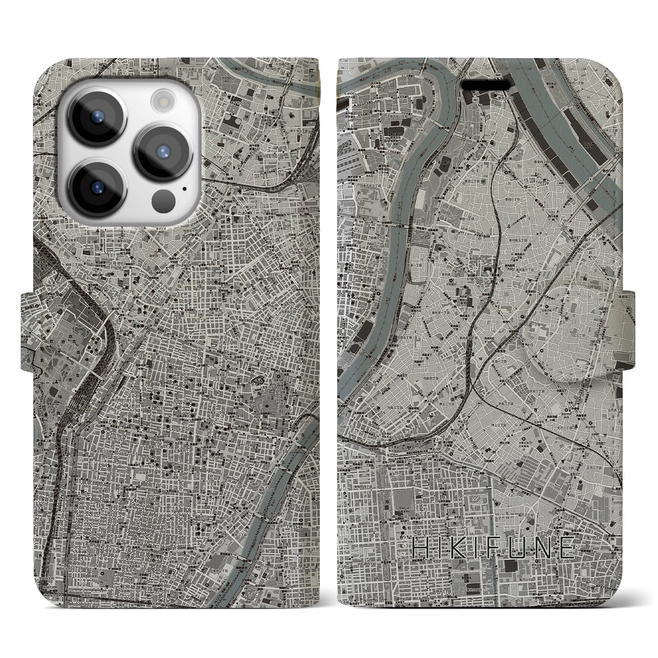 【曳舟(東京都)】地図柄iPhoneケース(手帳タイプ)モノトーン・iPhone 14 Pro 用