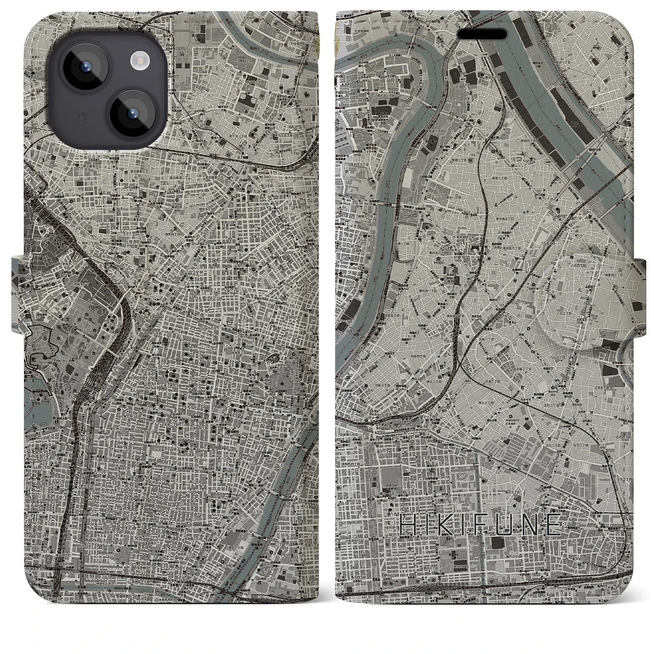 【曳舟(東京都)】地図柄iPhoneケース(手帳タイプ)モノトーン・iPhone 14 Plus 用