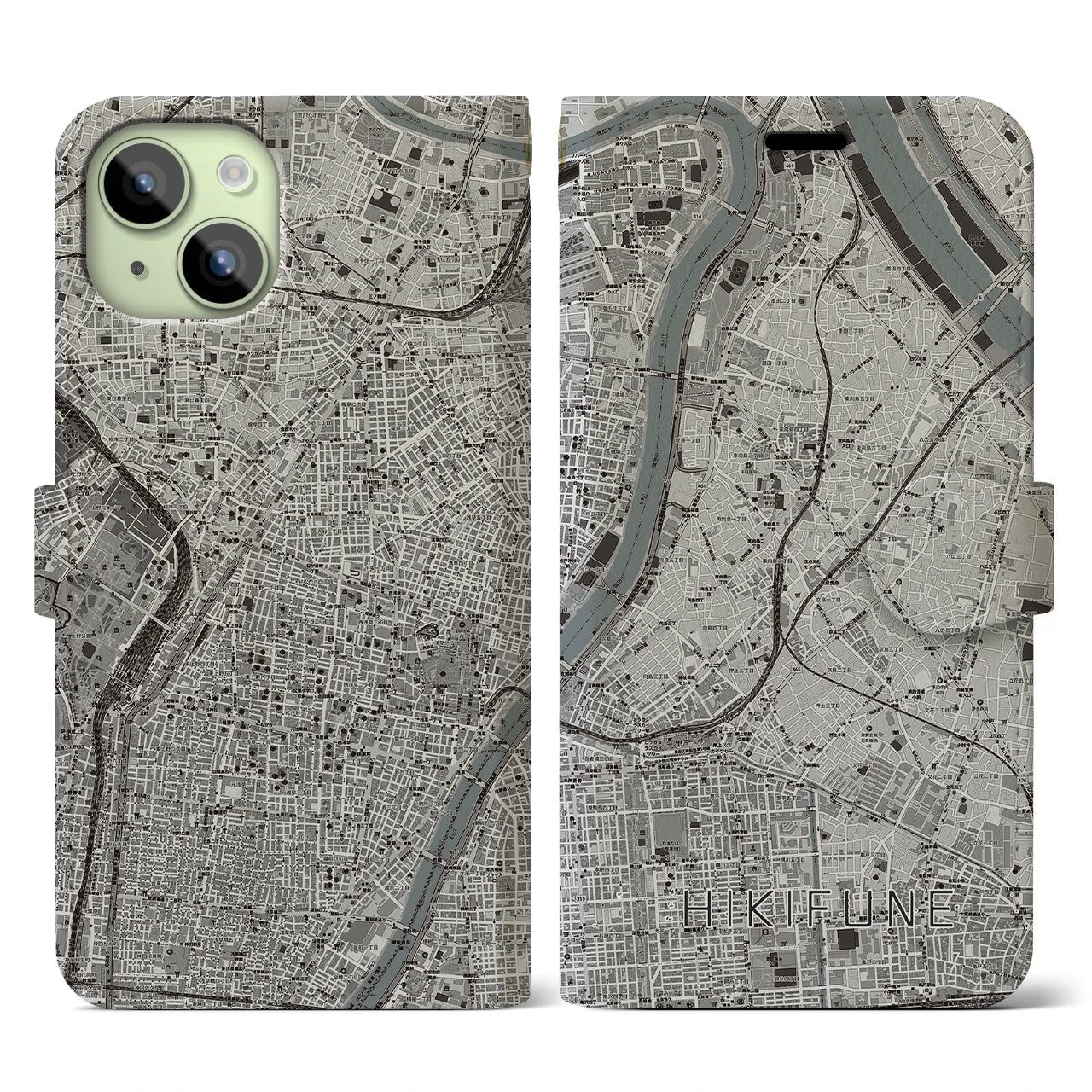 【曳舟(東京都)】地図柄iPhoneケース(手帳タイプ)モノトーン・iPhone 15 用