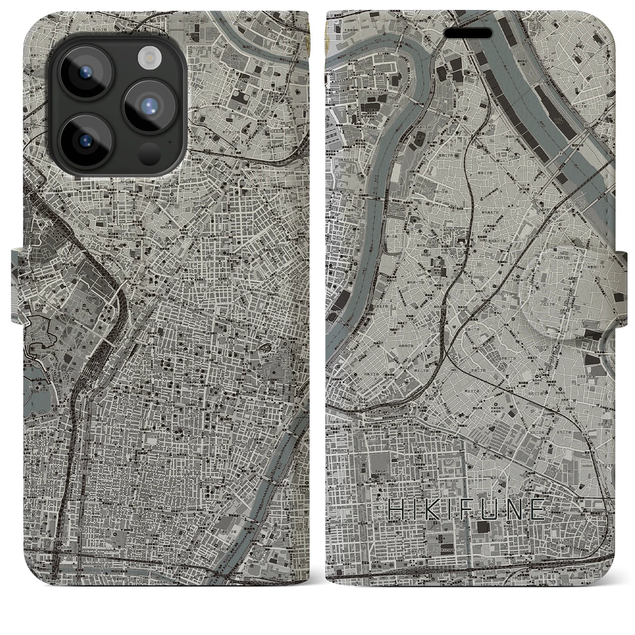 【曳舟(東京都)】地図柄iPhoneケース(手帳タイプ)モノトーン・iPhone 15 Pro Max 用