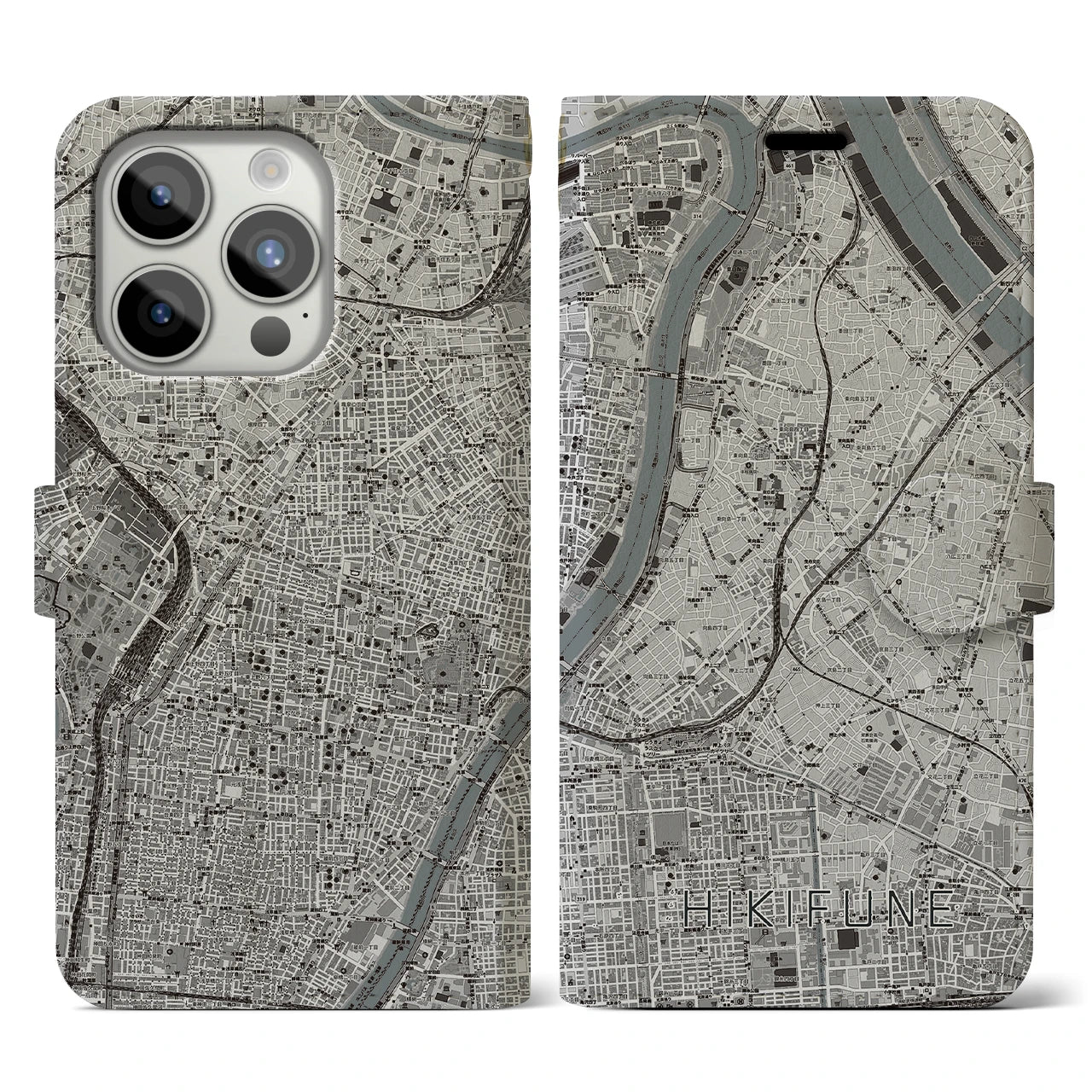 【曳舟(東京都)】地図柄iPhoneケース(手帳タイプ)モノトーン・iPhone 15 Pro 用