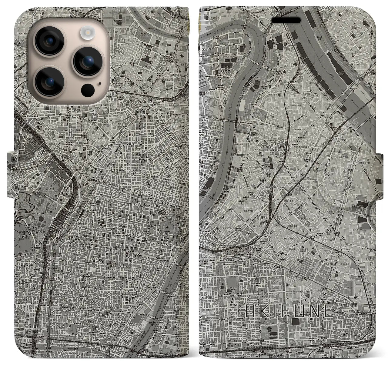 【曳舟(東京都)】地図柄iPhoneケース(手帳タイプ)モノトーン・iPhone 16 Plus 用