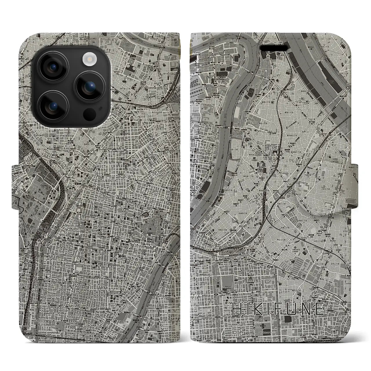 【曳舟(東京都)】地図柄iPhoneケース(手帳タイプ)モノトーン・iPhone 16 用