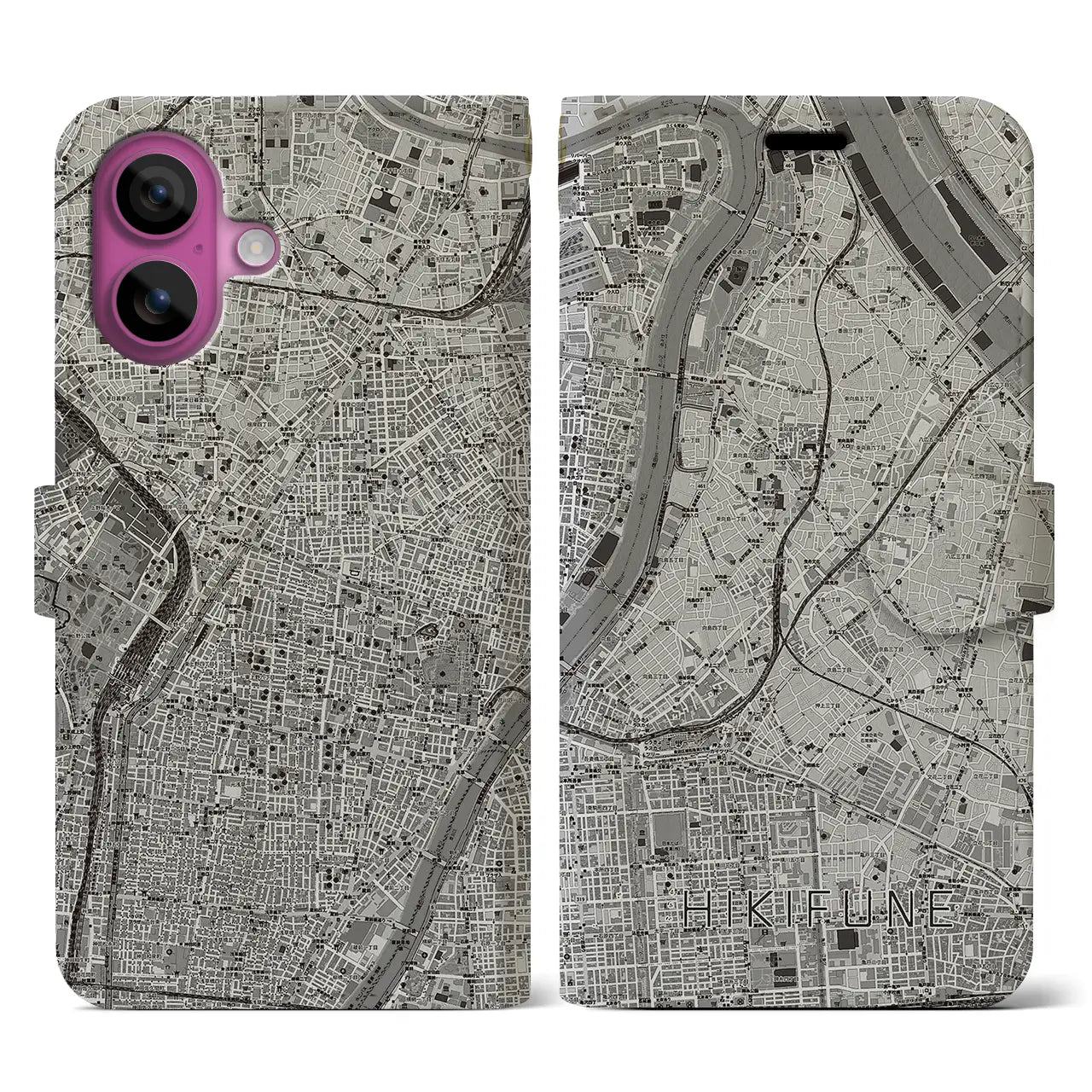【曳舟(東京都)】地図柄iPhoneケース(手帳タイプ)モノトーン・iPhone 16 Pro 用