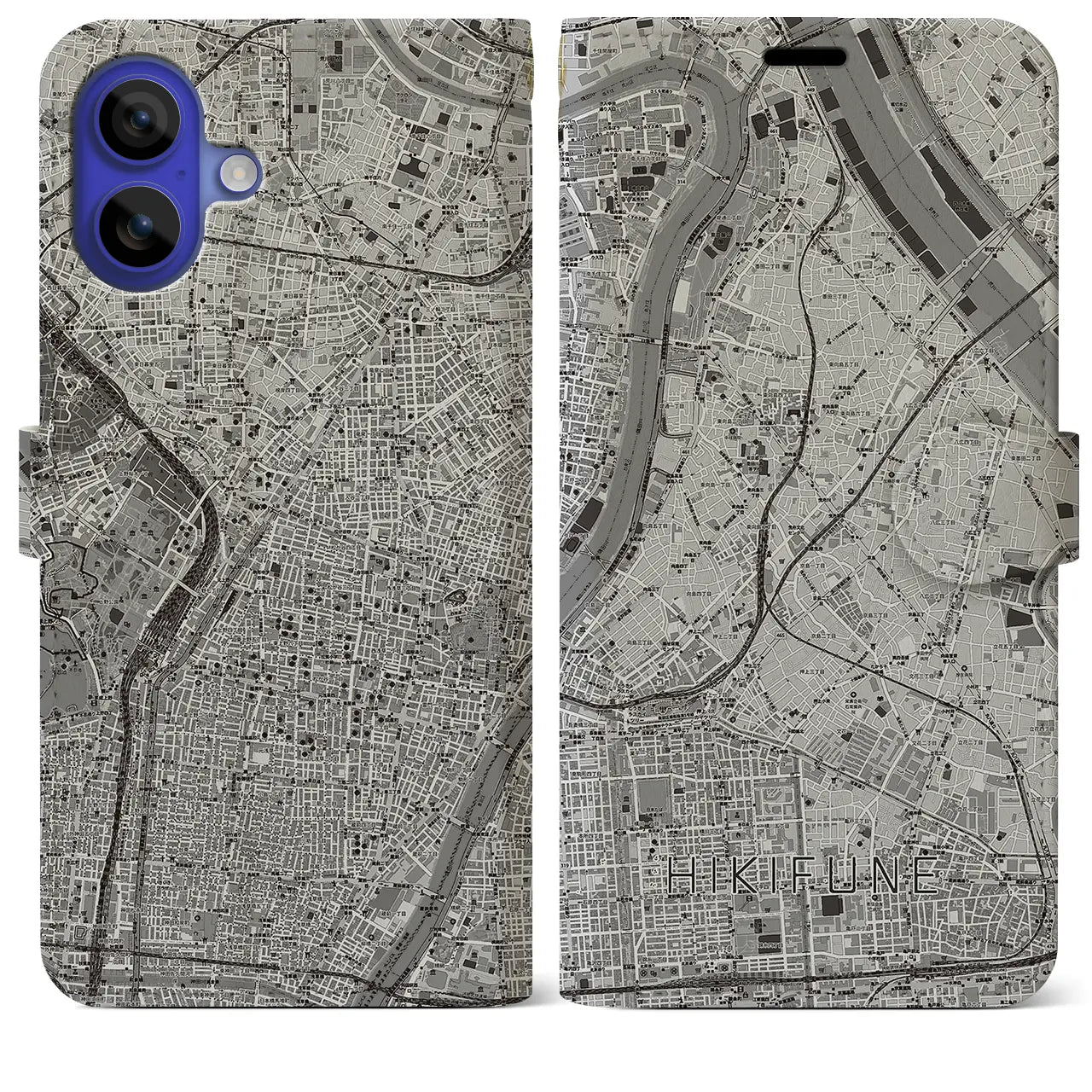 【曳舟(東京都)】地図柄iPhoneケース(手帳タイプ)モノトーン・iPhone 16 Pro Max 用