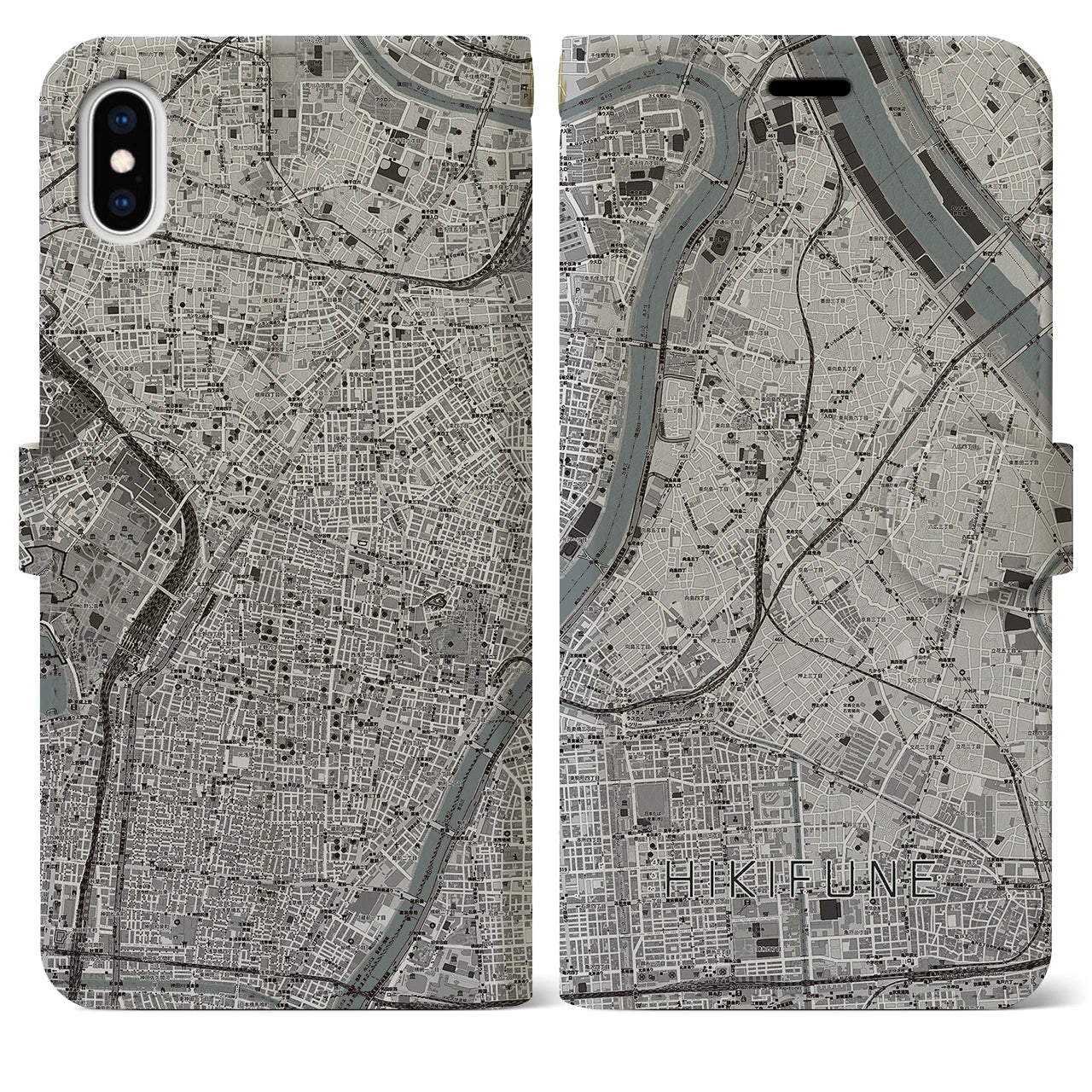 【曳舟(東京都)】地図柄iPhoneケース(手帳タイプ)モノトーン・iPhone XS Max 用