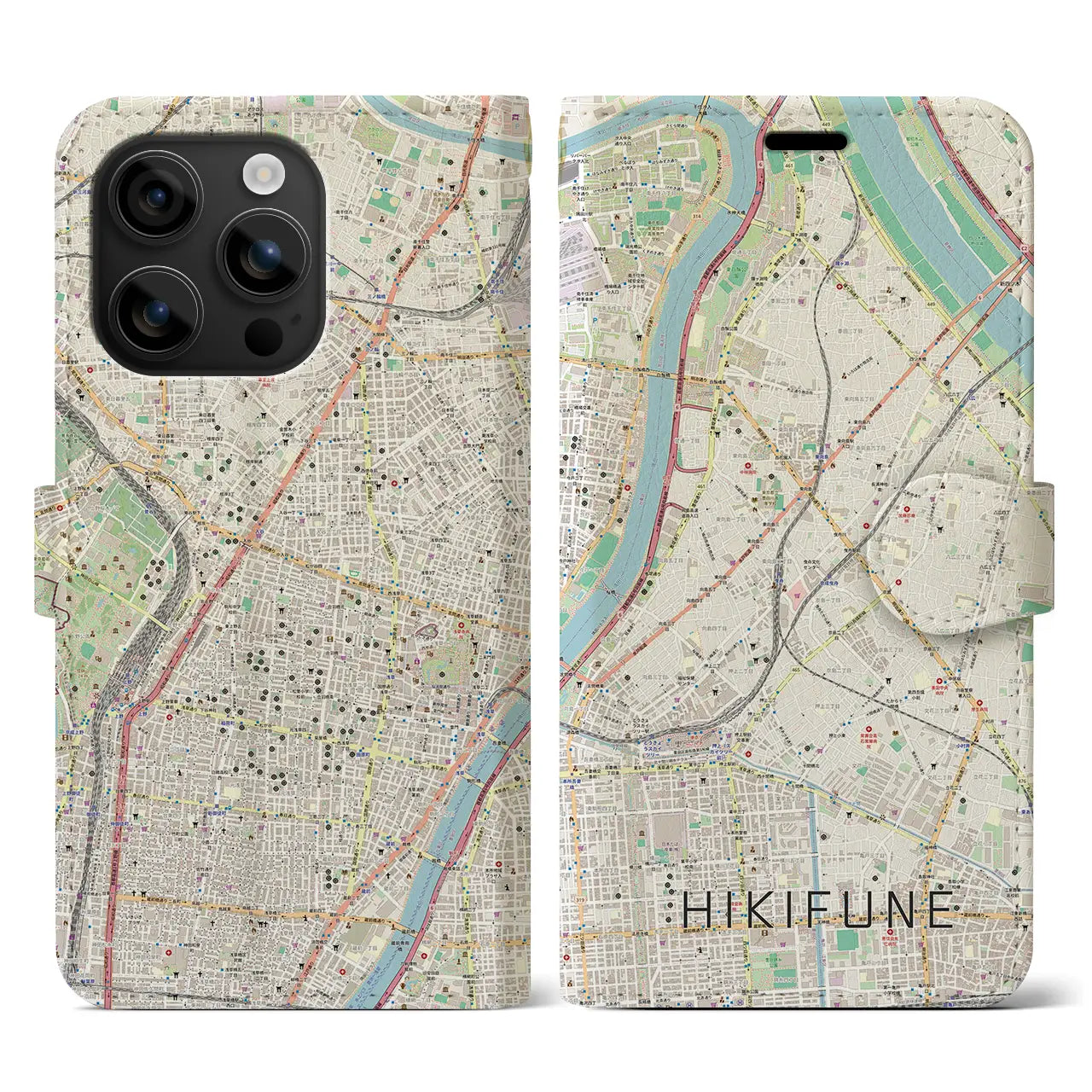 【曳舟(東京都)】地図柄iPhoneケース(手帳タイプ)ナチュラル・iPhone 16 用