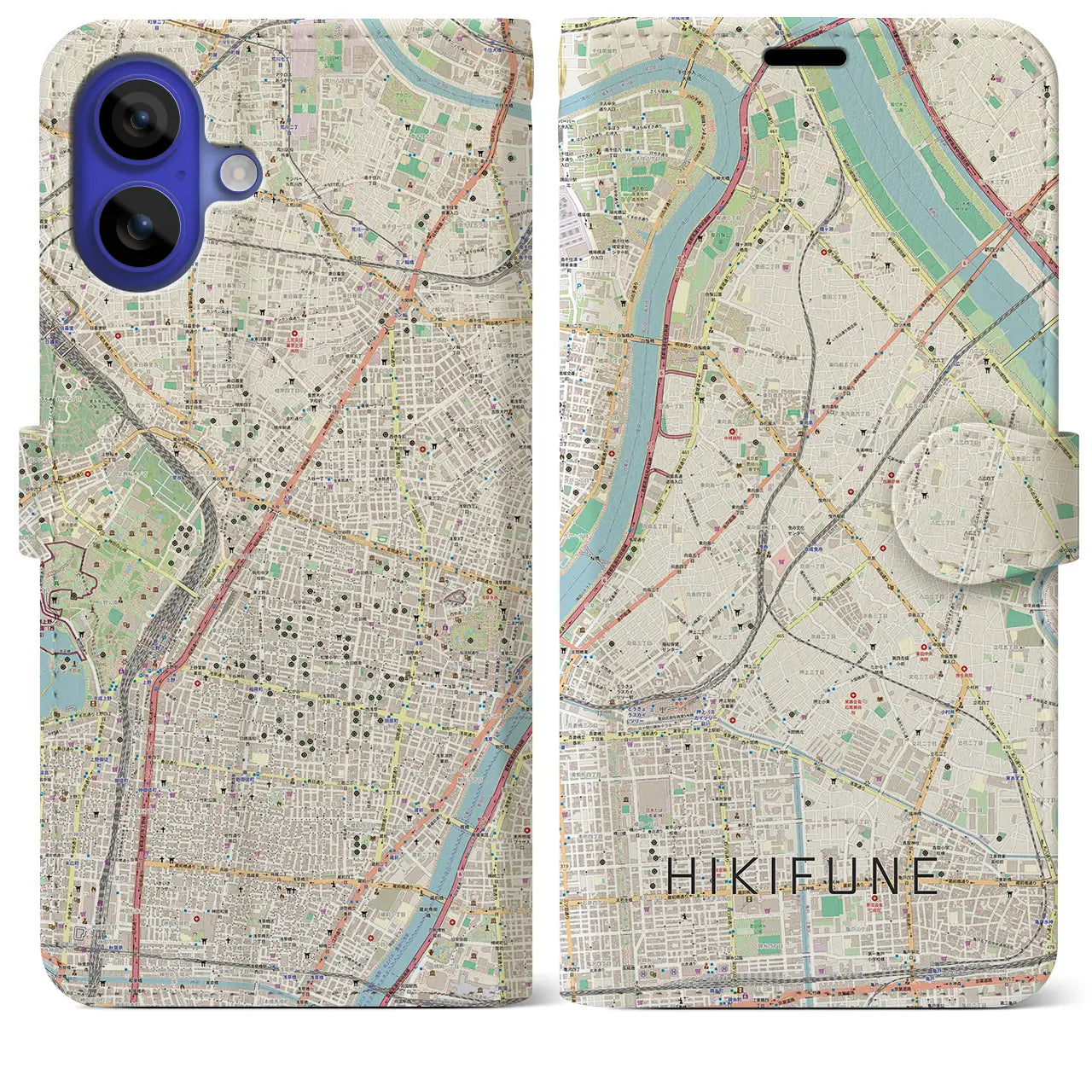 【曳舟(東京都)】地図柄iPhoneケース(手帳タイプ)ナチュラル・iPhone 16 Pro Max 用