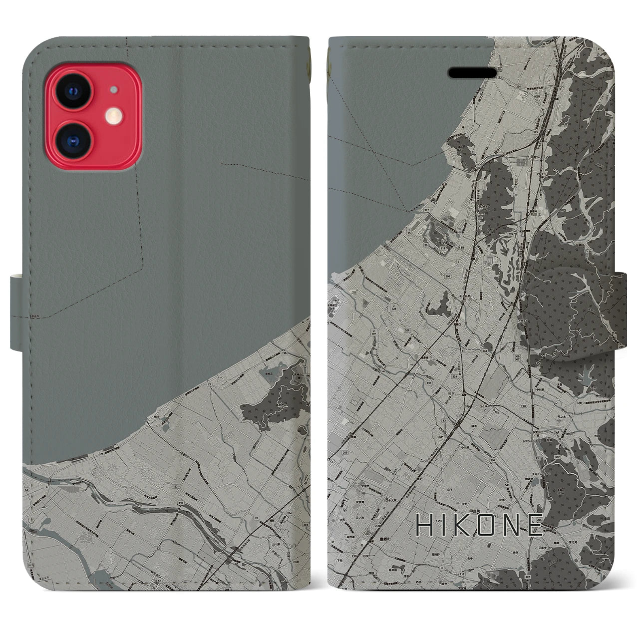 【彦根(滋賀県)】地図柄iPhoneケース(手帳タイプ)モノトーン・iPhone 11 用