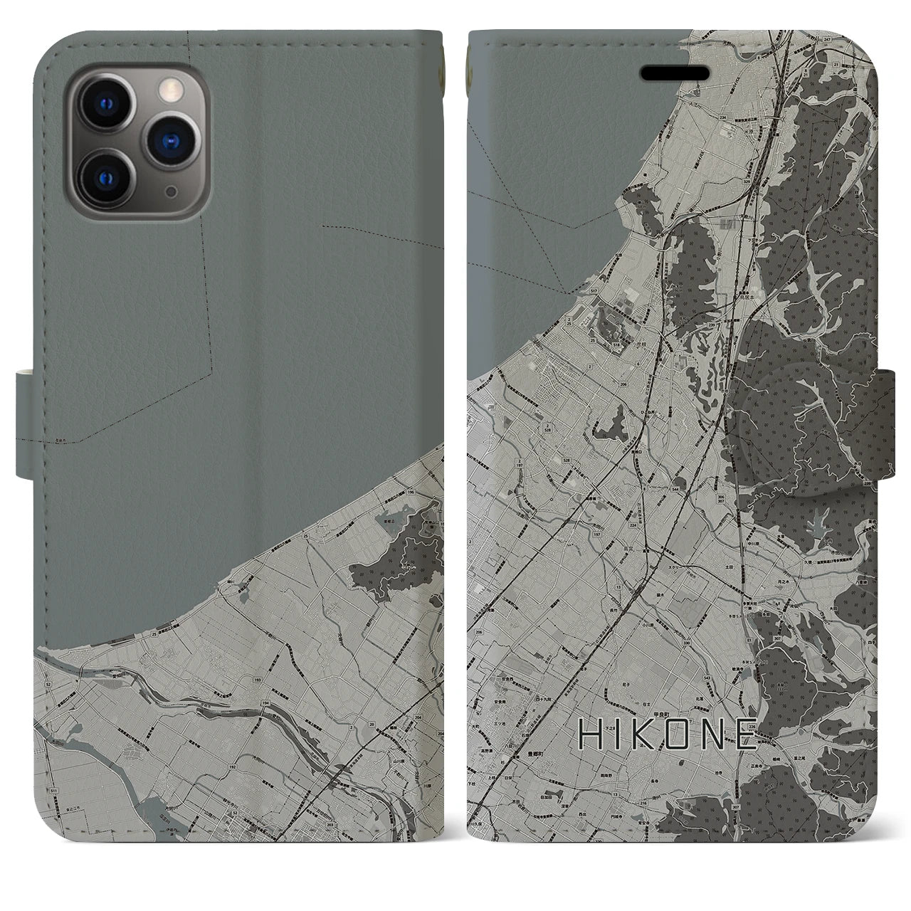 【彦根(滋賀県)】地図柄iPhoneケース(手帳タイプ)モノトーン・iPhone 11 Pro Max 用