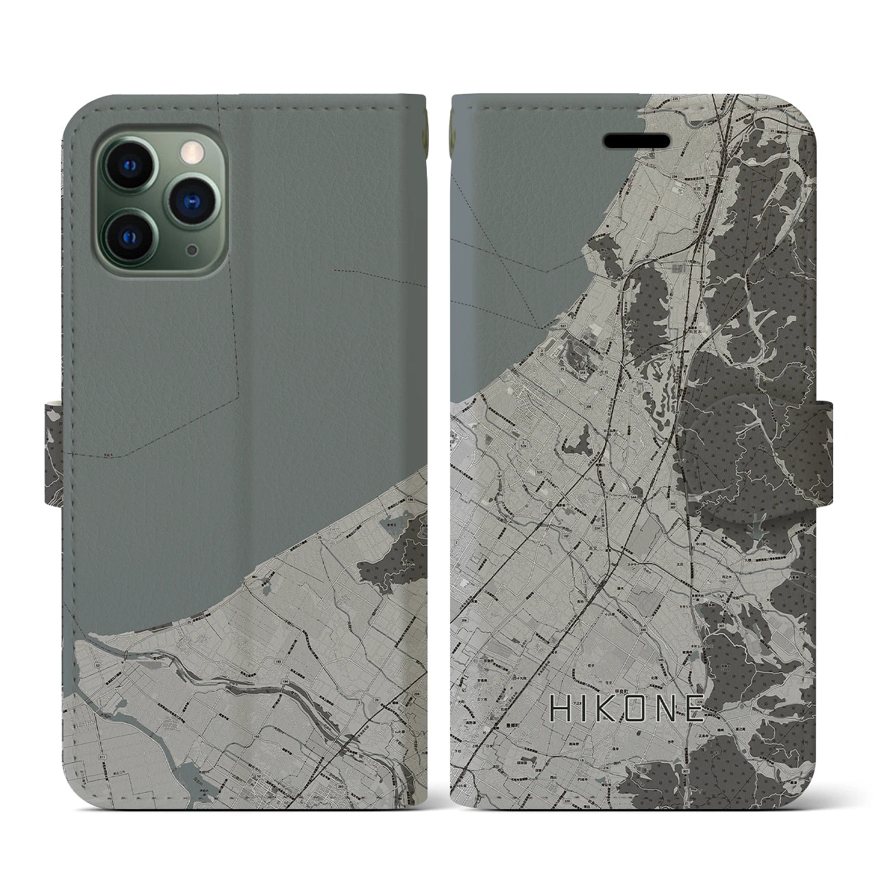 【彦根(滋賀県)】地図柄iPhoneケース(手帳タイプ)モノトーン・iPhone 11 Pro 用