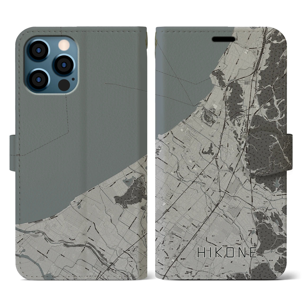 【彦根(滋賀県)】地図柄iPhoneケース(手帳タイプ)モノトーン・iPhone 12 / 12 Pro 用