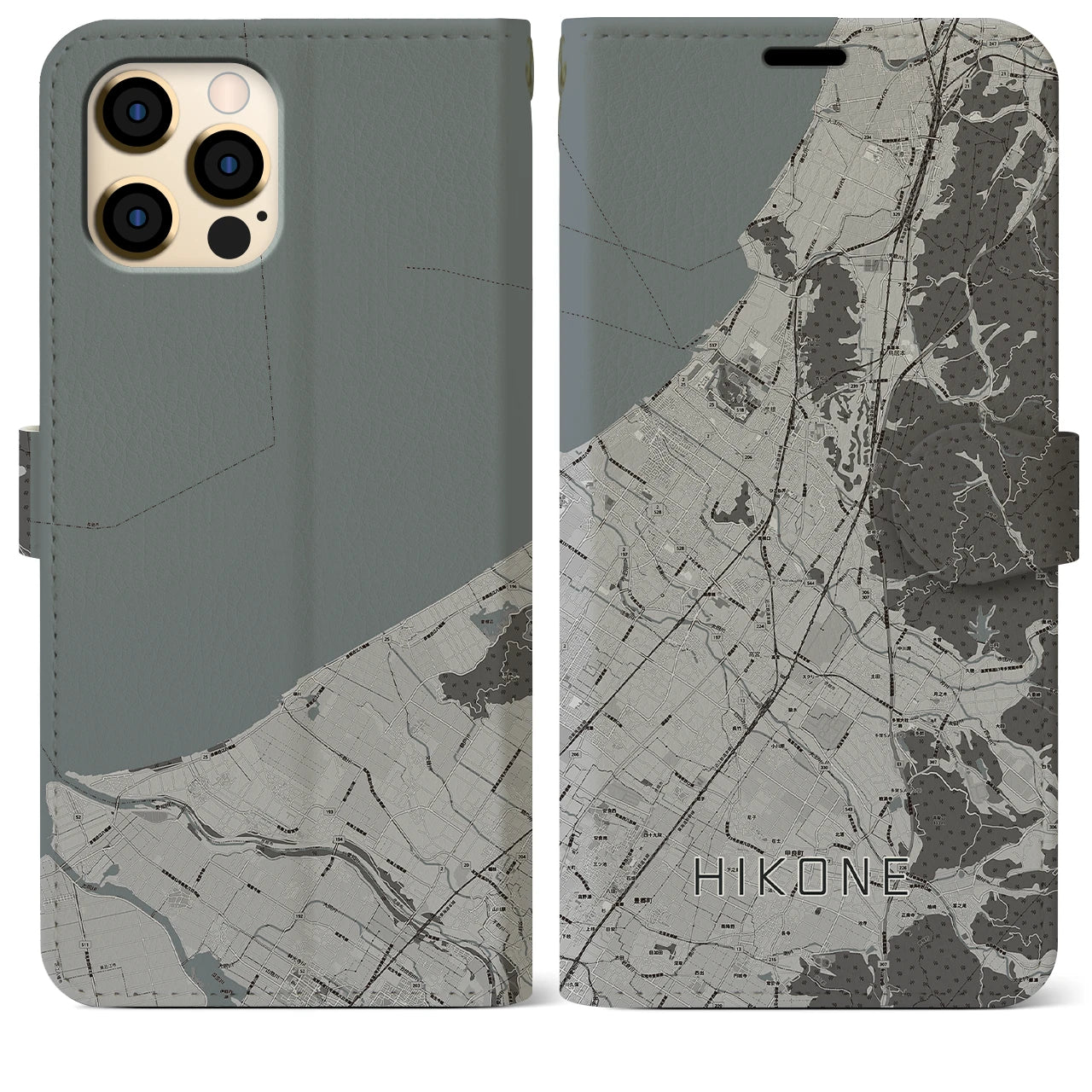 【彦根(滋賀県)】地図柄iPhoneケース(手帳タイプ)モノトーン・iPhone 12 Pro Max 用