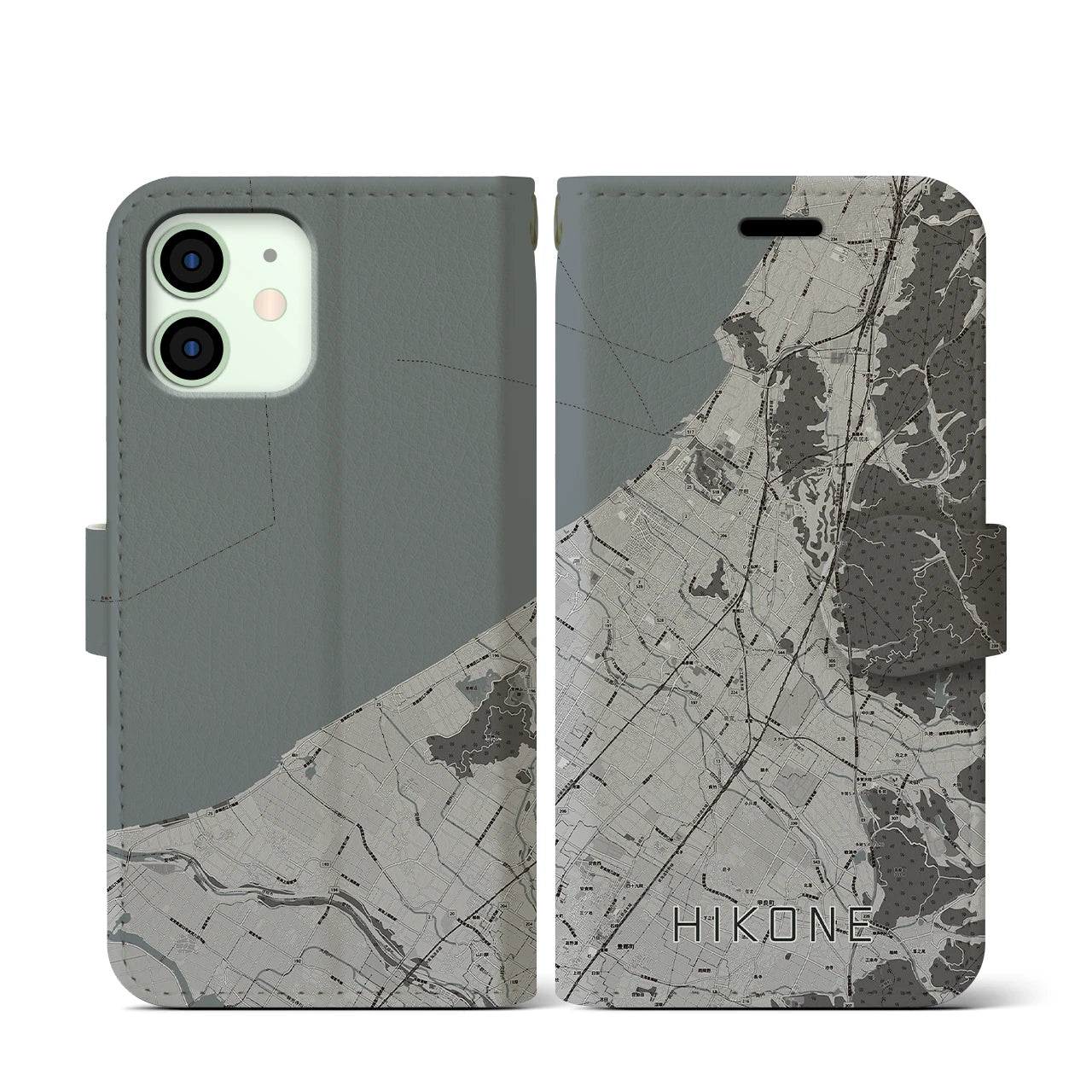 【彦根(滋賀県)】地図柄iPhoneケース(手帳タイプ)モノトーン・iPhone 12 mini 用