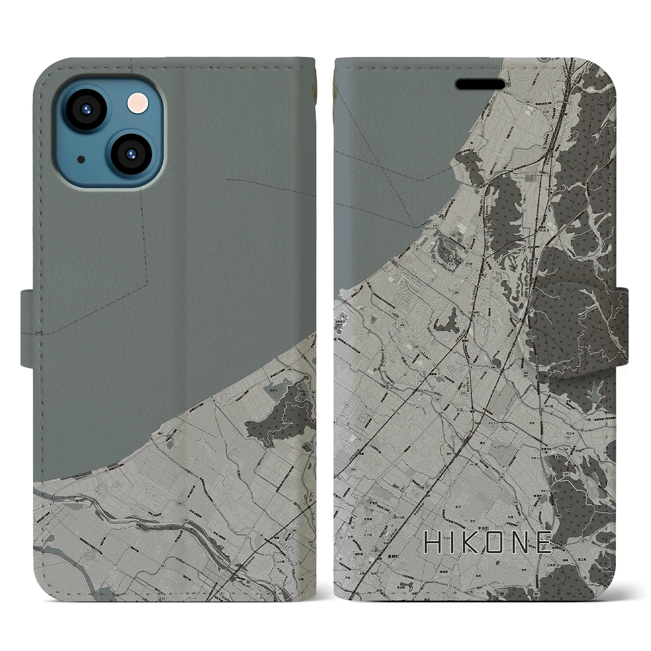 【彦根(滋賀県)】地図柄iPhoneケース(手帳タイプ)モノトーン・iPhone 13 用