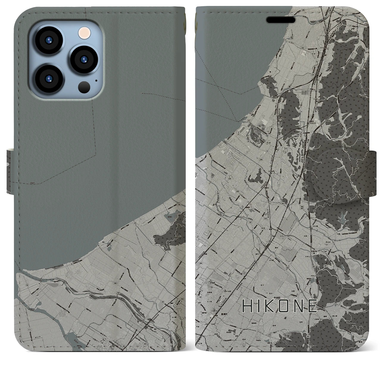 【彦根(滋賀県)】地図柄iPhoneケース(手帳タイプ)モノトーン・iPhone 13 Pro Max 用