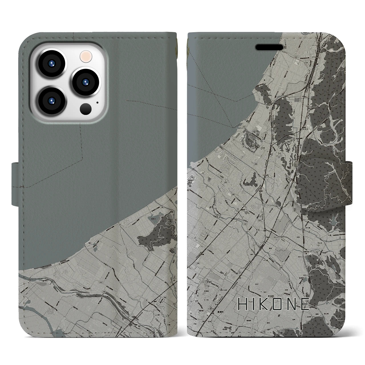 【彦根(滋賀県)】地図柄iPhoneケース(手帳タイプ)モノトーン・iPhone 13 Pro 用