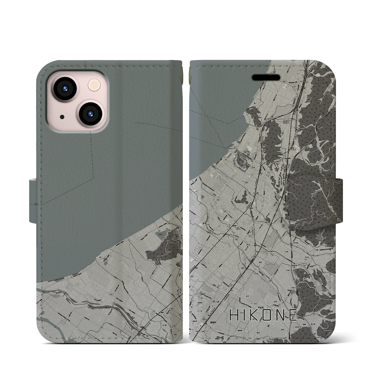 【彦根(滋賀県)】地図柄iPhoneケース(手帳タイプ)モノトーン・iPhone 13 mini 用