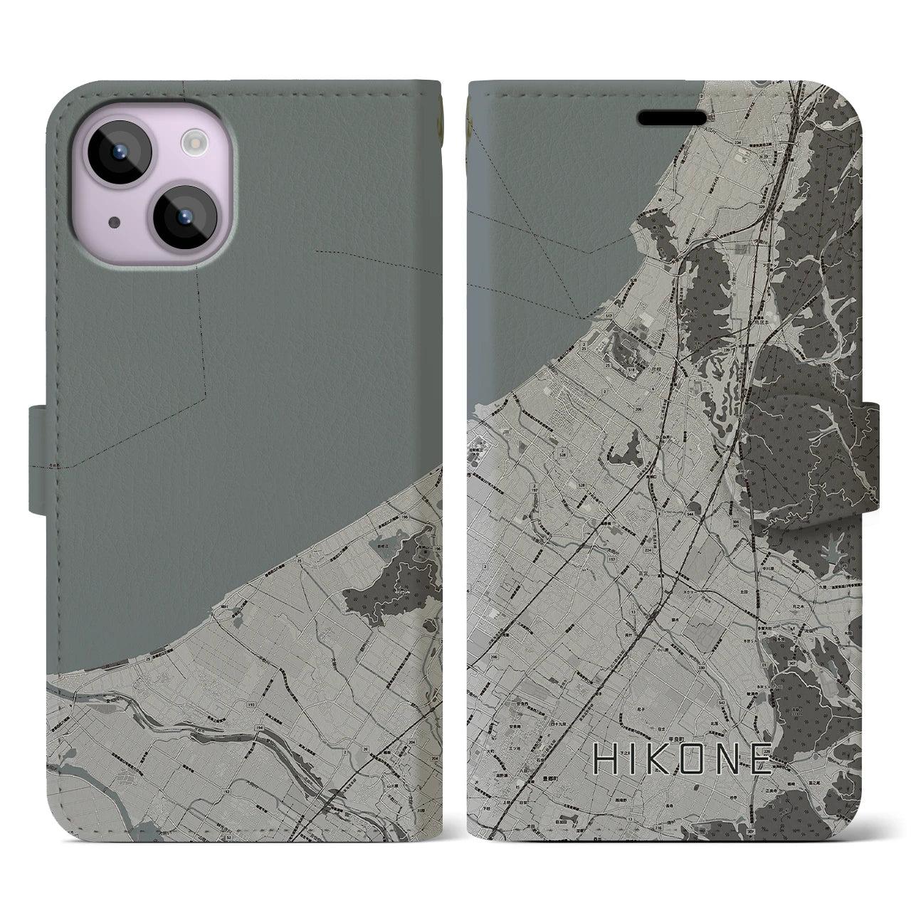 【彦根(滋賀県)】地図柄iPhoneケース(手帳タイプ)モノトーン・iPhone 14 用