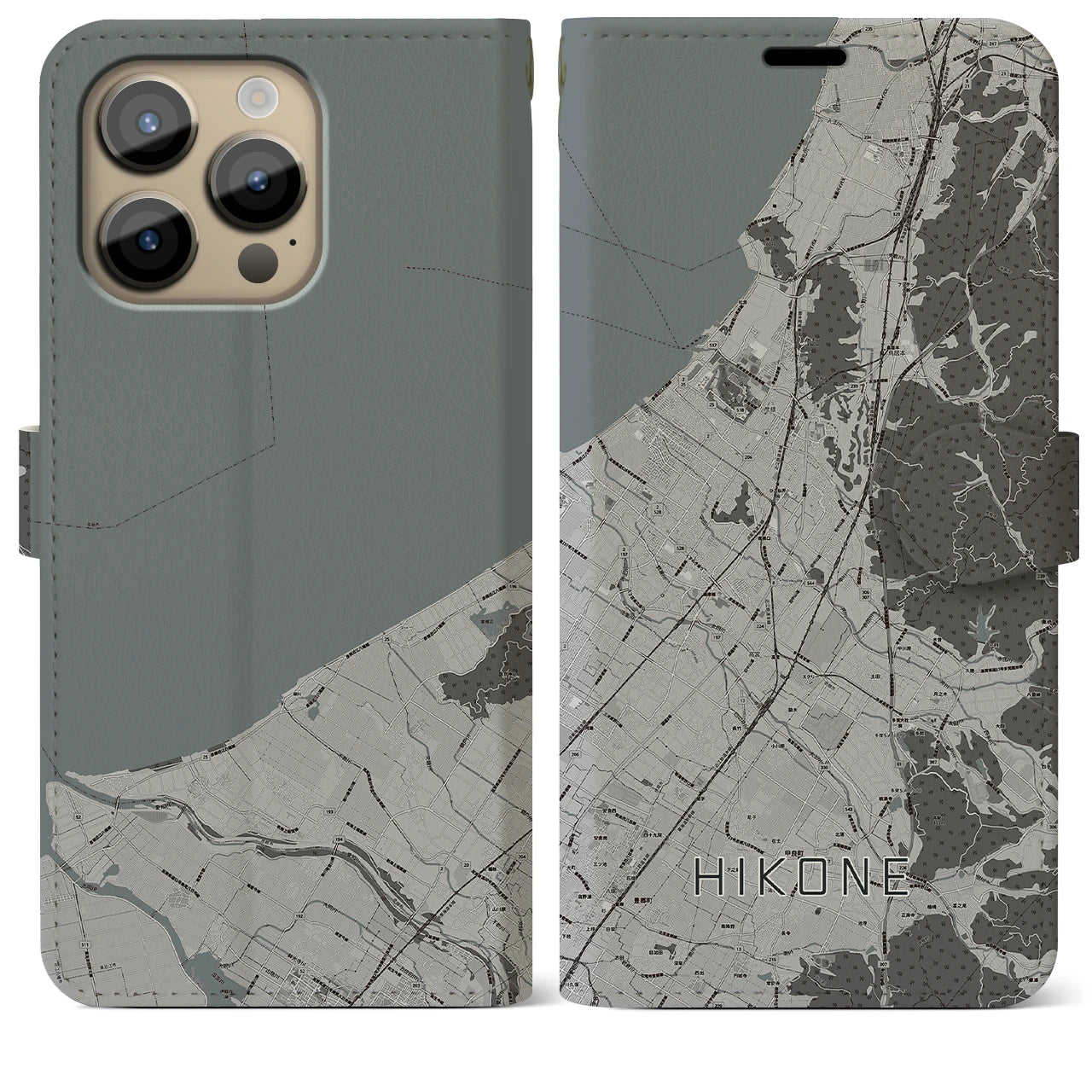 【彦根(滋賀県)】地図柄iPhoneケース(手帳タイプ)モノトーン・iPhone 14 Pro Max 用