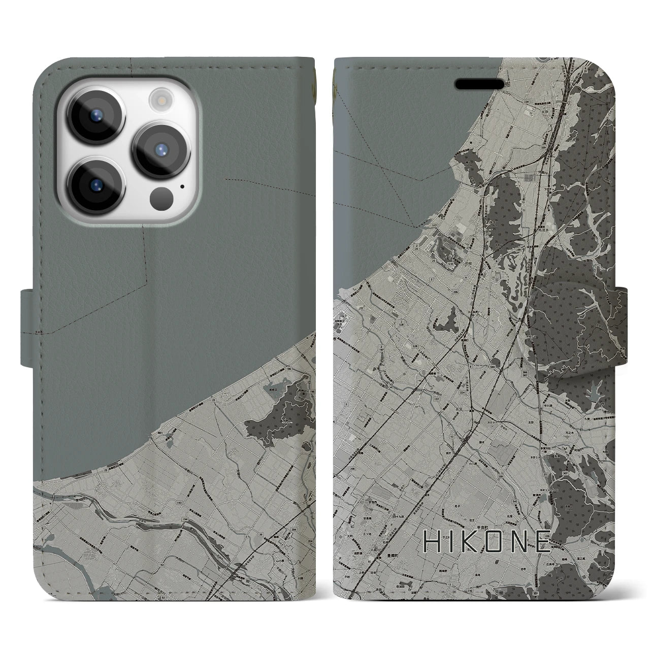 【彦根(滋賀県)】地図柄iPhoneケース(手帳タイプ)モノトーン・iPhone 14 Pro 用