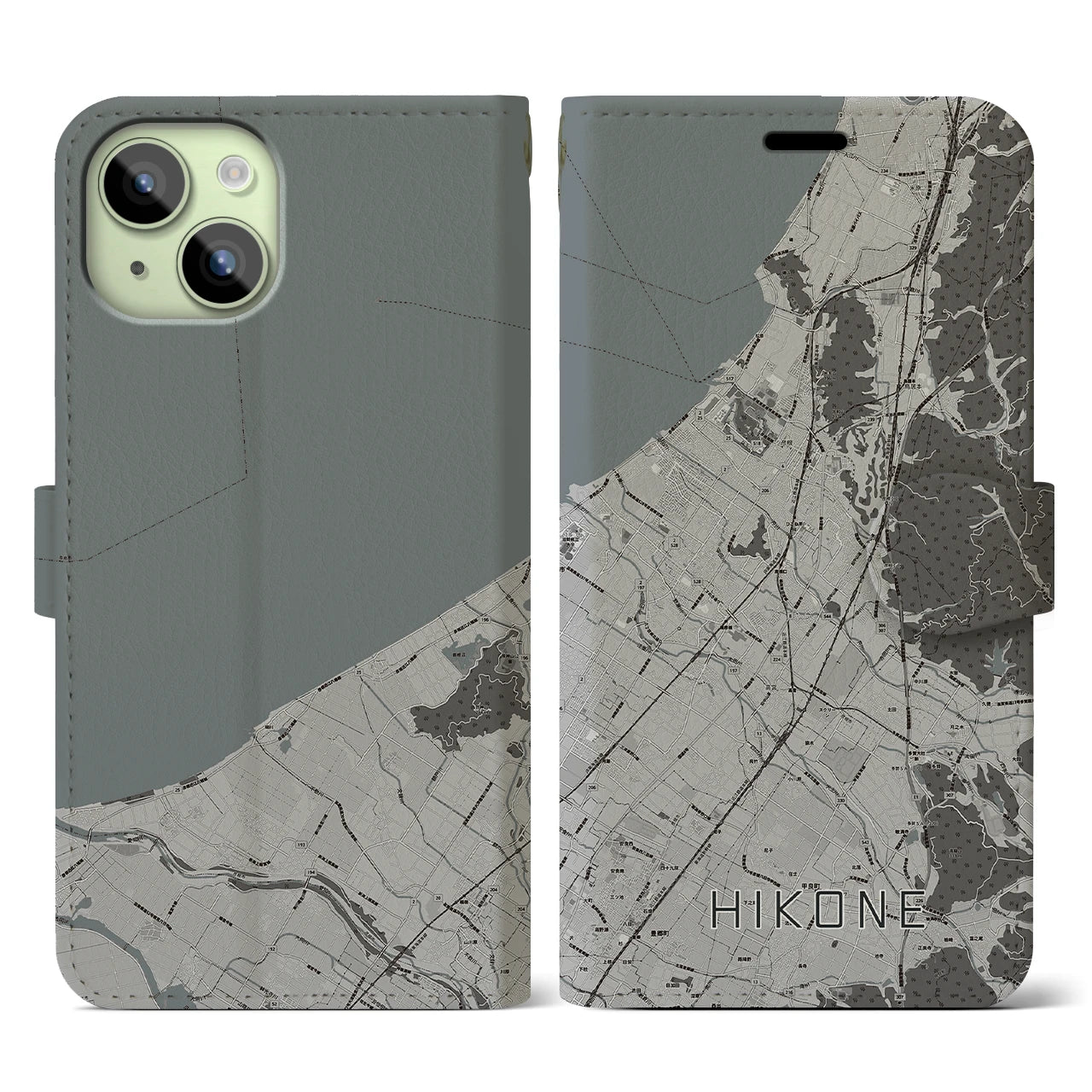 【彦根(滋賀県)】地図柄iPhoneケース(手帳タイプ)モノトーン・iPhone 15 用