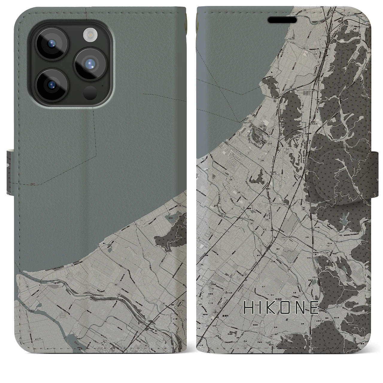 【彦根(滋賀県)】地図柄iPhoneケース(手帳タイプ)モノトーン・iPhone 15 Pro Max 用