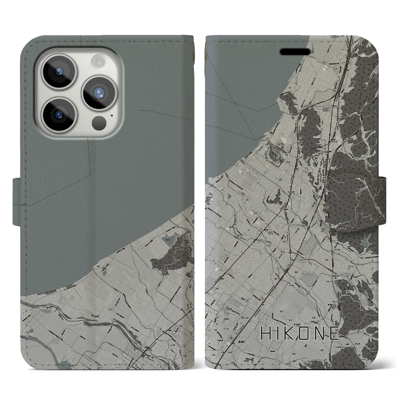 【彦根(滋賀県)】地図柄iPhoneケース(手帳タイプ)モノトーン・iPhone 15 Pro 用