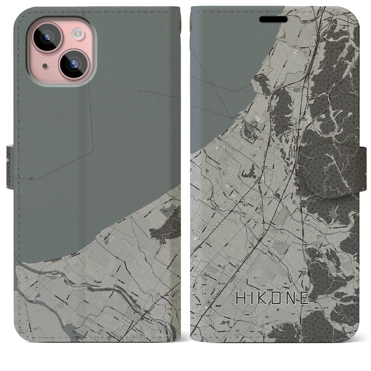 【彦根(滋賀県)】地図柄iPhoneケース(手帳タイプ)モノトーン・iPhone 15 Plus 用