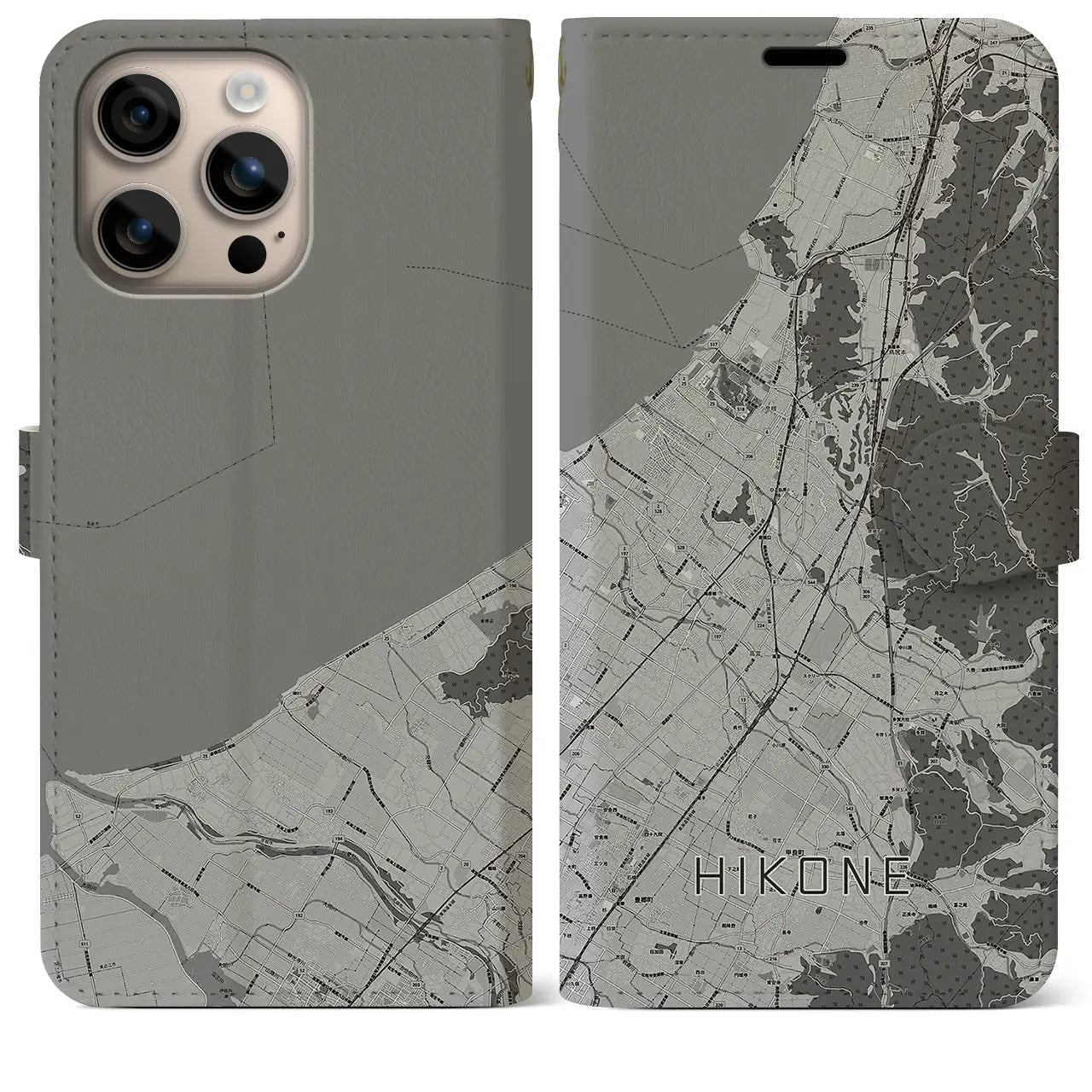 【彦根(滋賀県)】地図柄iPhoneケース(手帳タイプ)モノトーン・iPhone 16 Plus 用