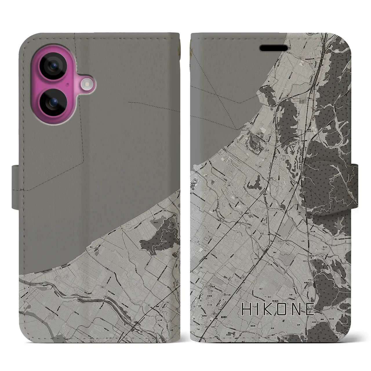 【彦根(滋賀県)】地図柄iPhoneケース(手帳タイプ)モノトーン・iPhone 16 Pro 用