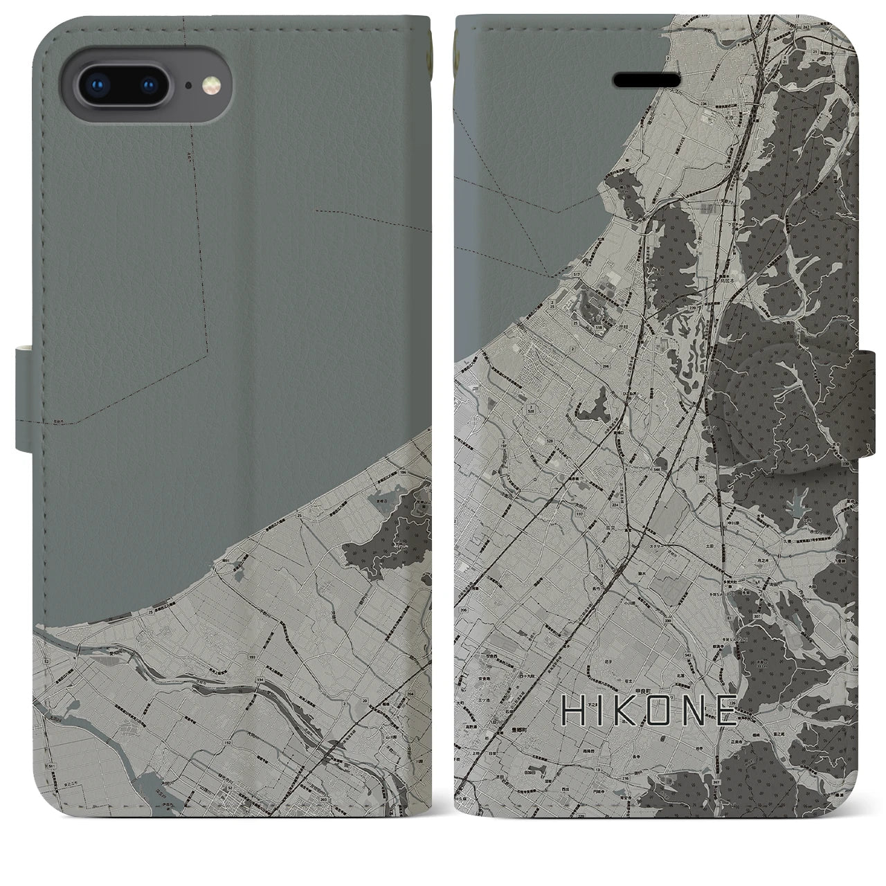 【彦根(滋賀県)】地図柄iPhoneケース(手帳タイプ)モノトーン・iPhone 8Plus /7Plus / 6sPlus / 6Plus 用