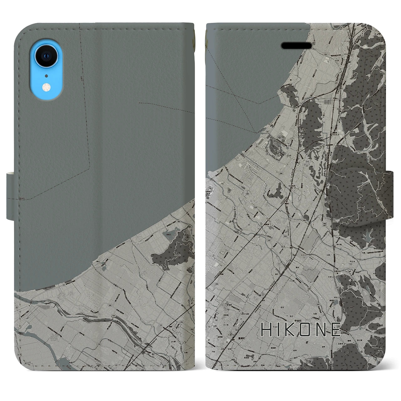 【彦根(滋賀県)】地図柄iPhoneケース(手帳タイプ)モノトーン・iPhone XR 用