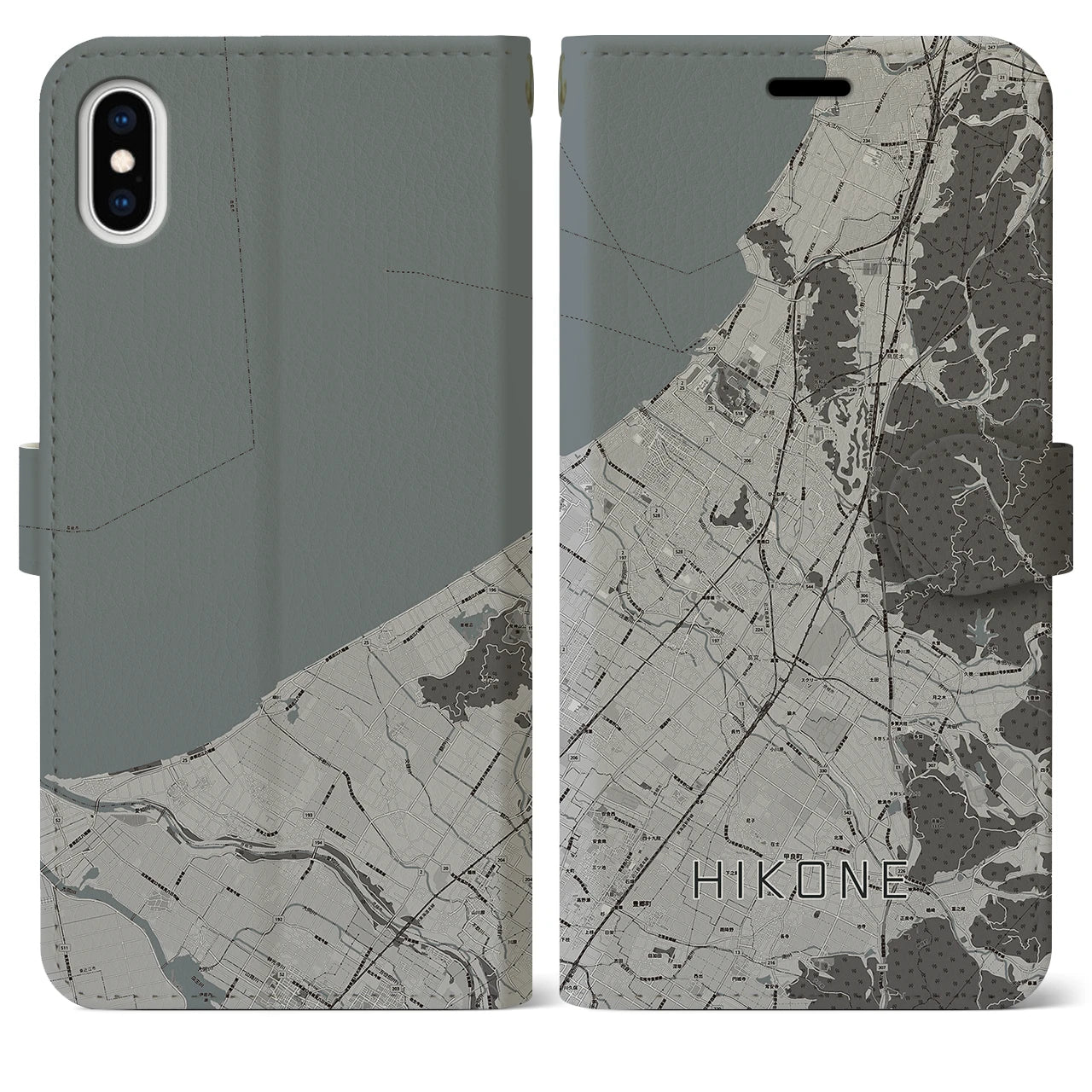 【彦根(滋賀県)】地図柄iPhoneケース(手帳タイプ)モノトーン・iPhone XS Max 用