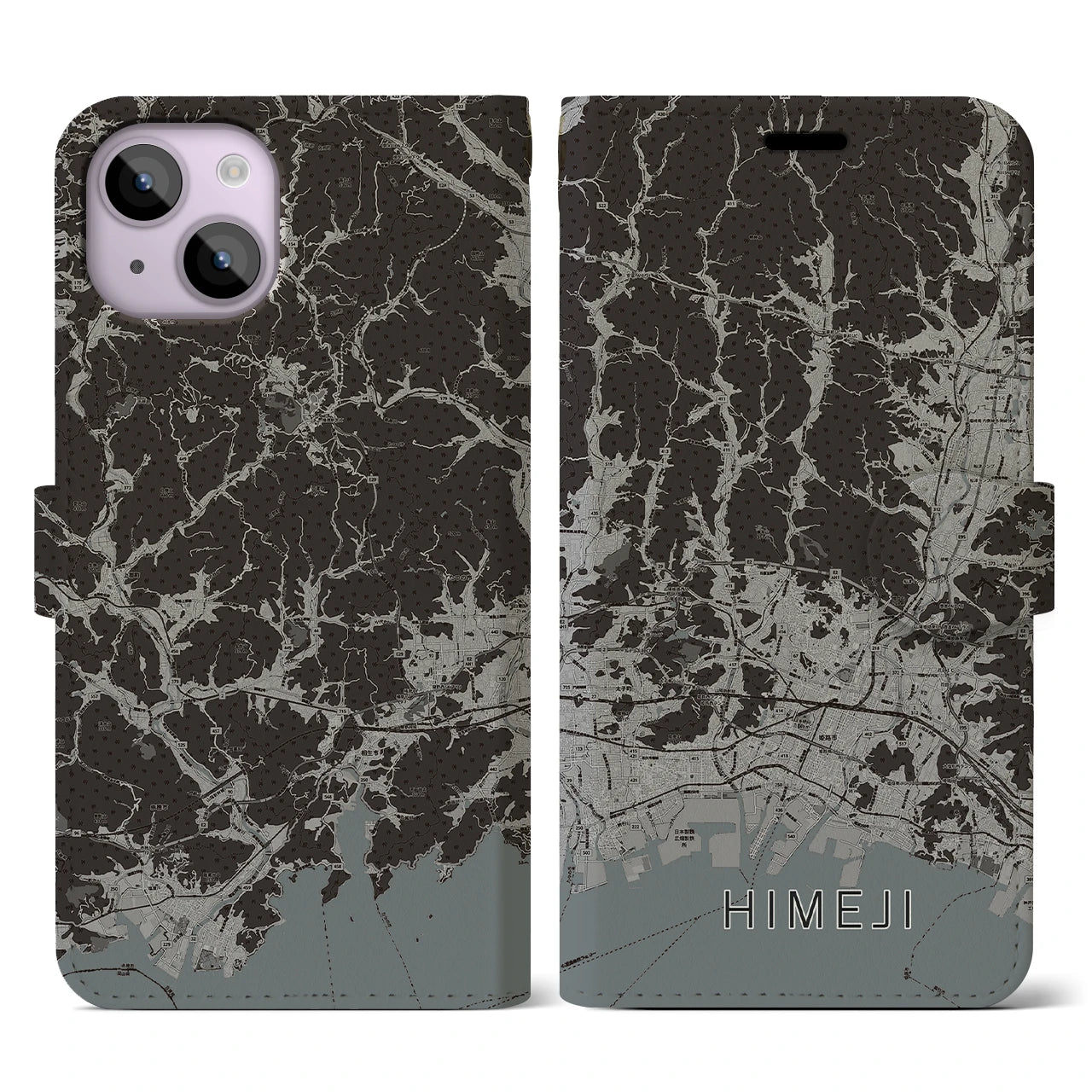 【姫路2(兵庫県)】地図柄iPhoneケース(手帳タイプ)モノトーン・iPhone 14 用