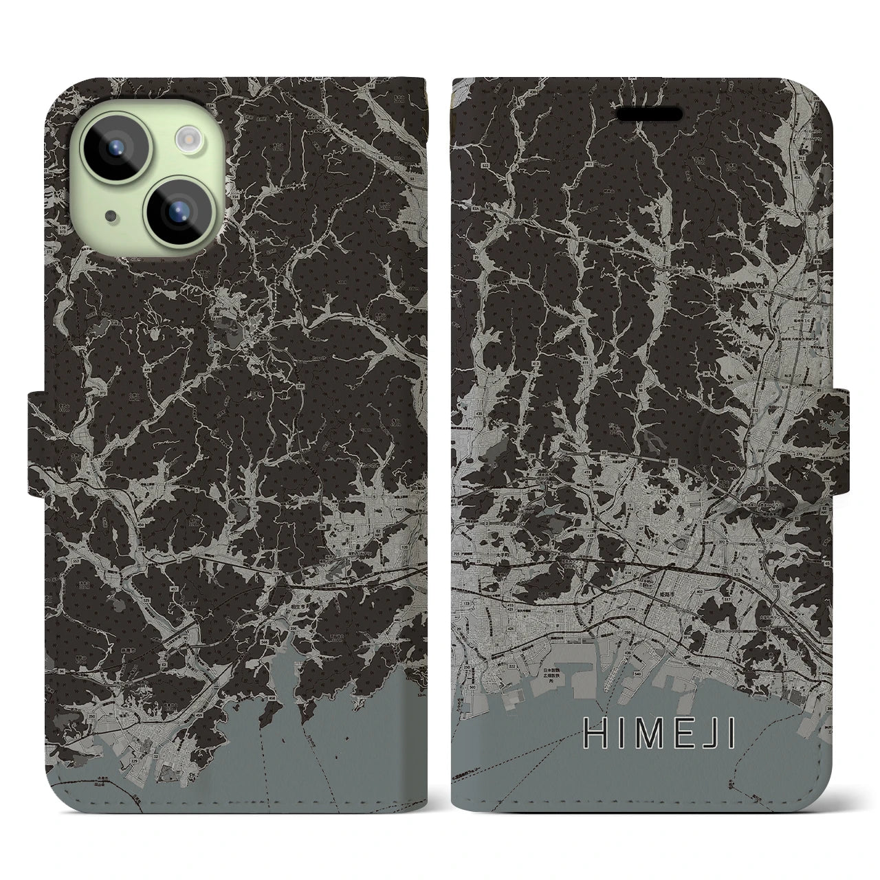 【姫路2(兵庫県)】地図柄iPhoneケース(手帳タイプ)モノトーン・iPhone 15 用