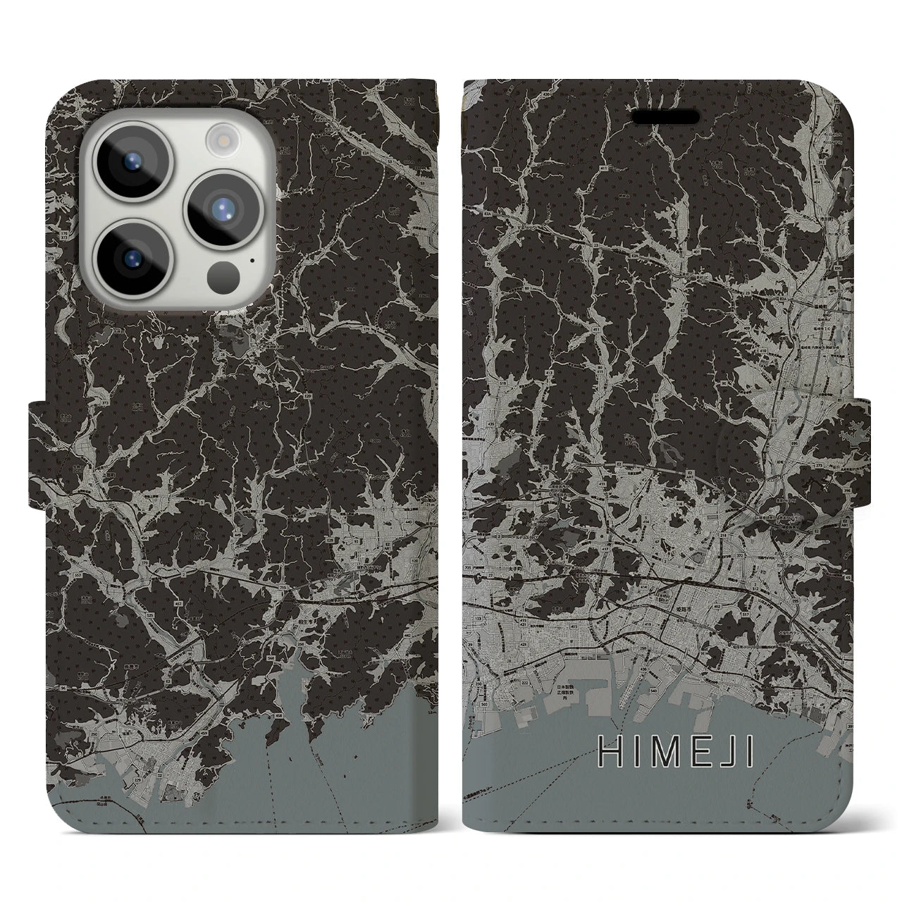 【姫路2(兵庫県)】地図柄iPhoneケース(手帳タイプ)モノトーン・iPhone 15 Pro 用