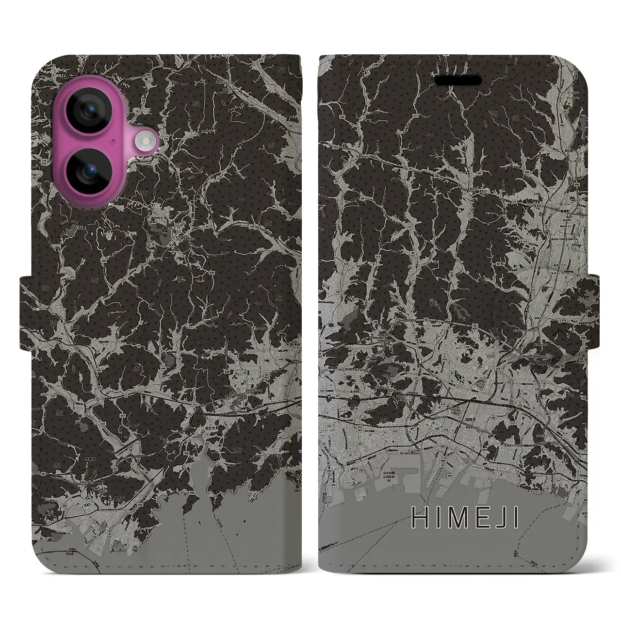 【姫路2(兵庫県)】地図柄iPhoneケース(手帳タイプ)モノトーン・iPhone 16 Pro 用
